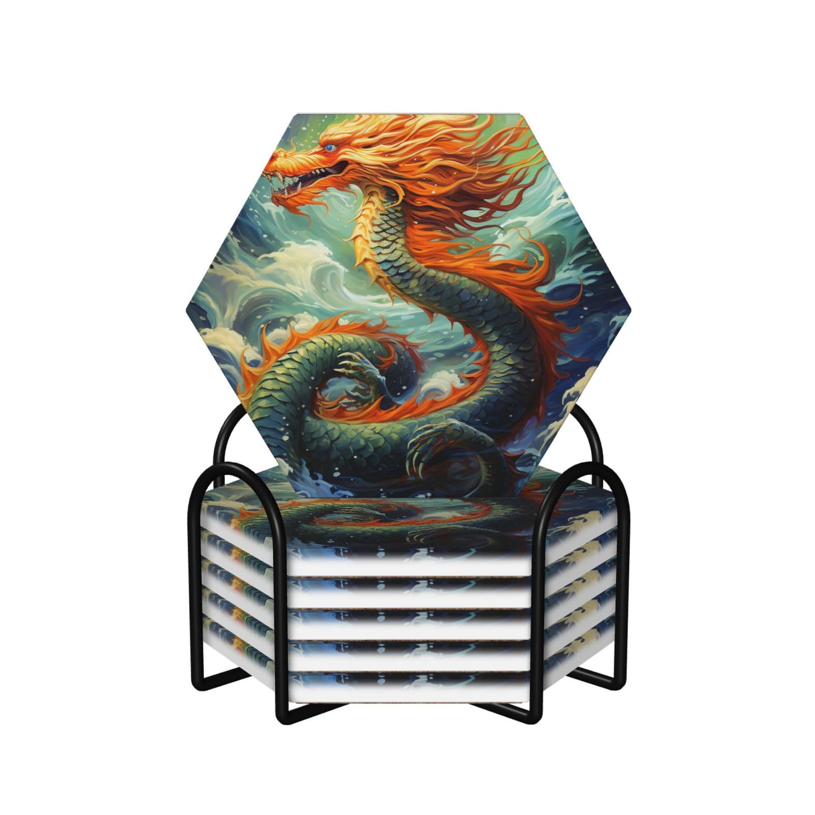 Dessous de verre hexagonaux en céramique lot de 6 avec support métal motif dragon