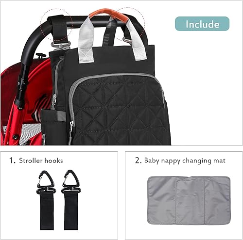 Miniatura 6 de Mochila multifuncional para pañales, bolsa cambiadora de pañales impermeable de gran capacidad con cambiador y correas para cochecito, Negro -,