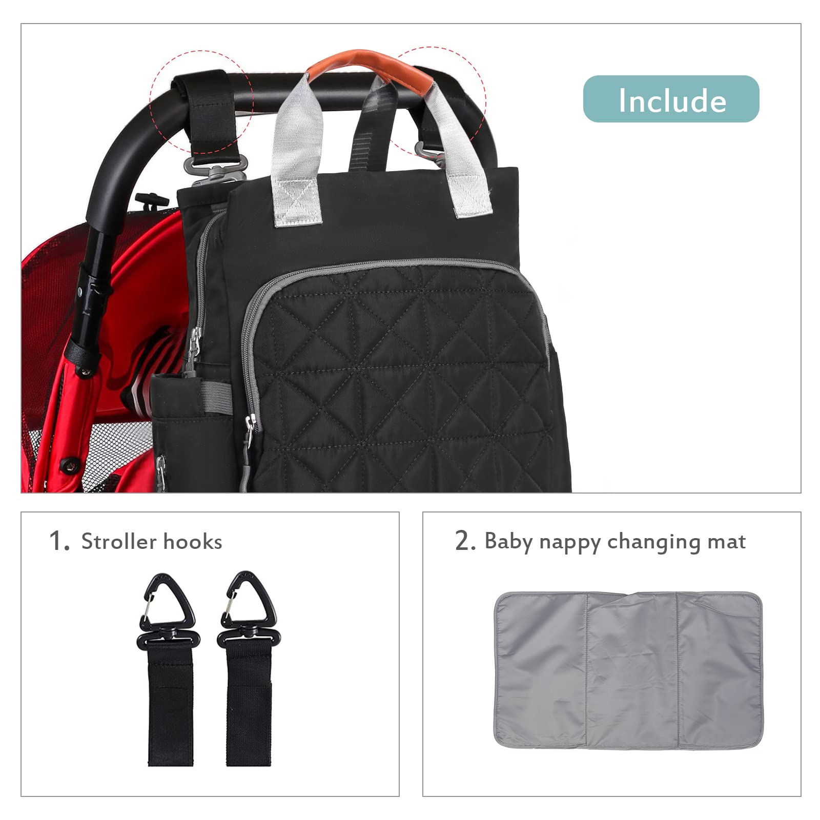 SONARIN Multifunktional Baby Wickelrucksack Wickeltasche,Großer Kapazität Wasserdicht Leicht Babytasche Wickeltasche Rucksack mit Wickelunterlage und Kinderwagen Haken für Mama und Papa(Schwarz)