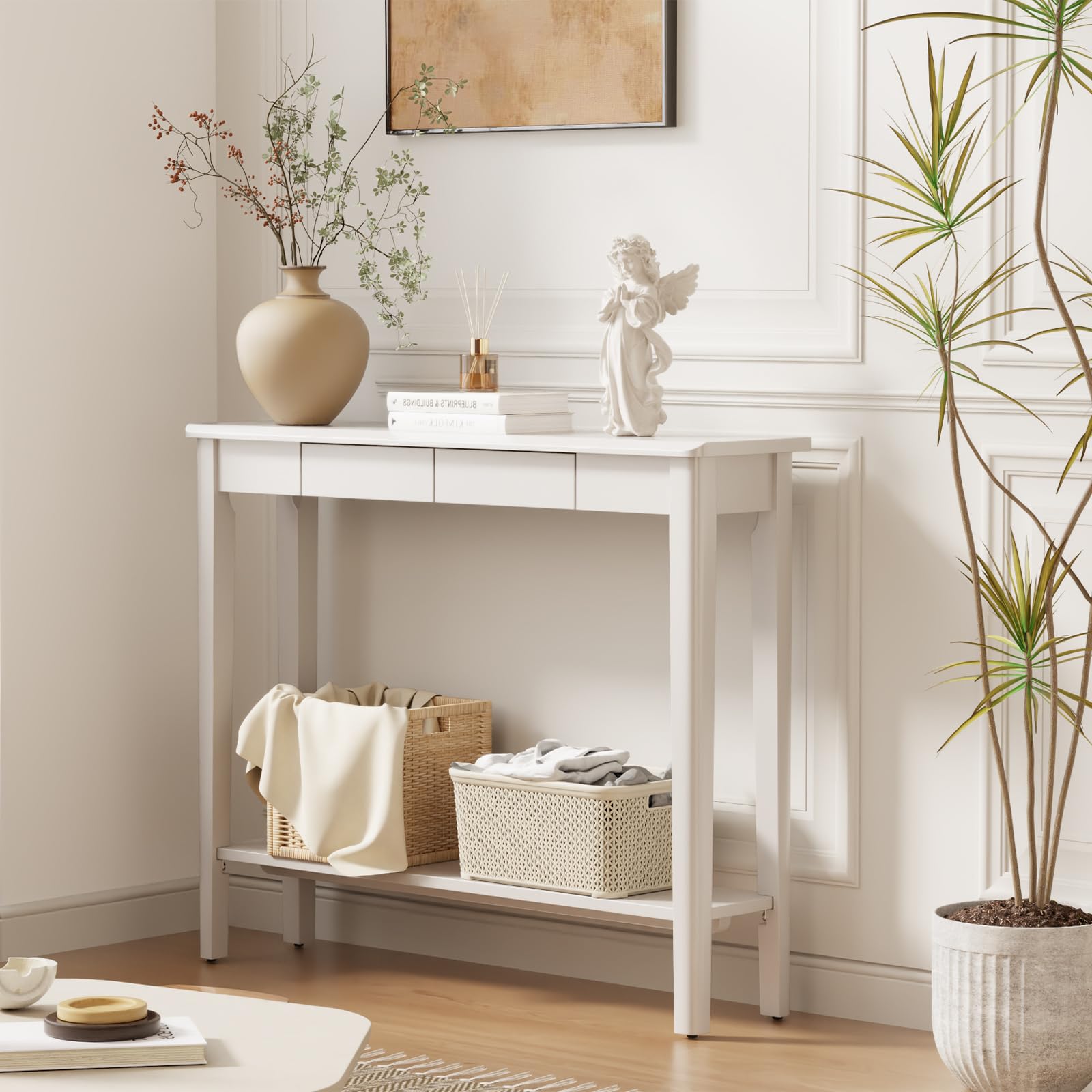AQIMUELE Console Table, Slim Console Table with Drawers, Hallway Table with Storage, Compact Display Table, Sofa Table for Small Spaces, Entryway, Living Room, Sturdy (White-100W cm)