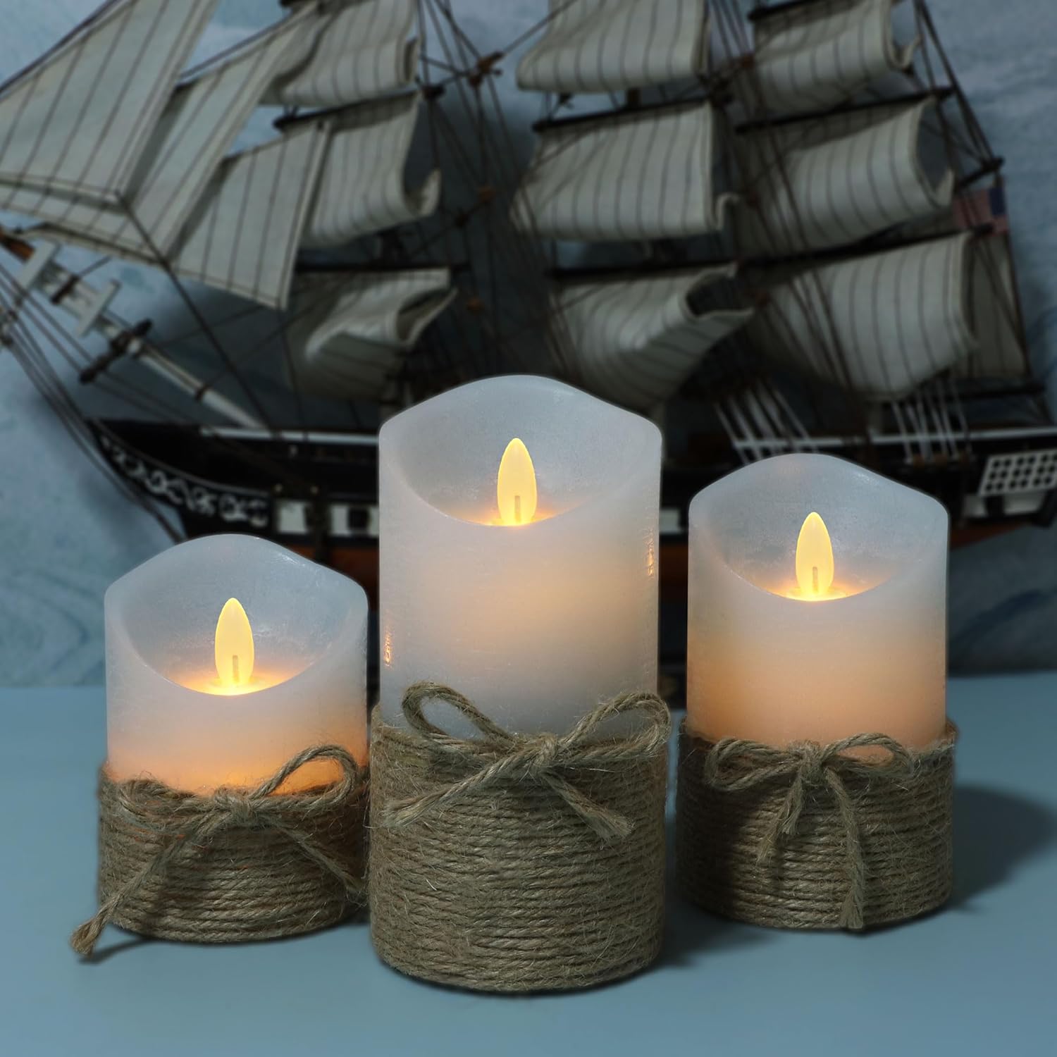 Silverstro Nautical Decor Ocean Blue Flameless Candles with Remote - Home Farmhouse Easter Spring Decorations - Set of 3 (D3.11 X H4 5" 6")