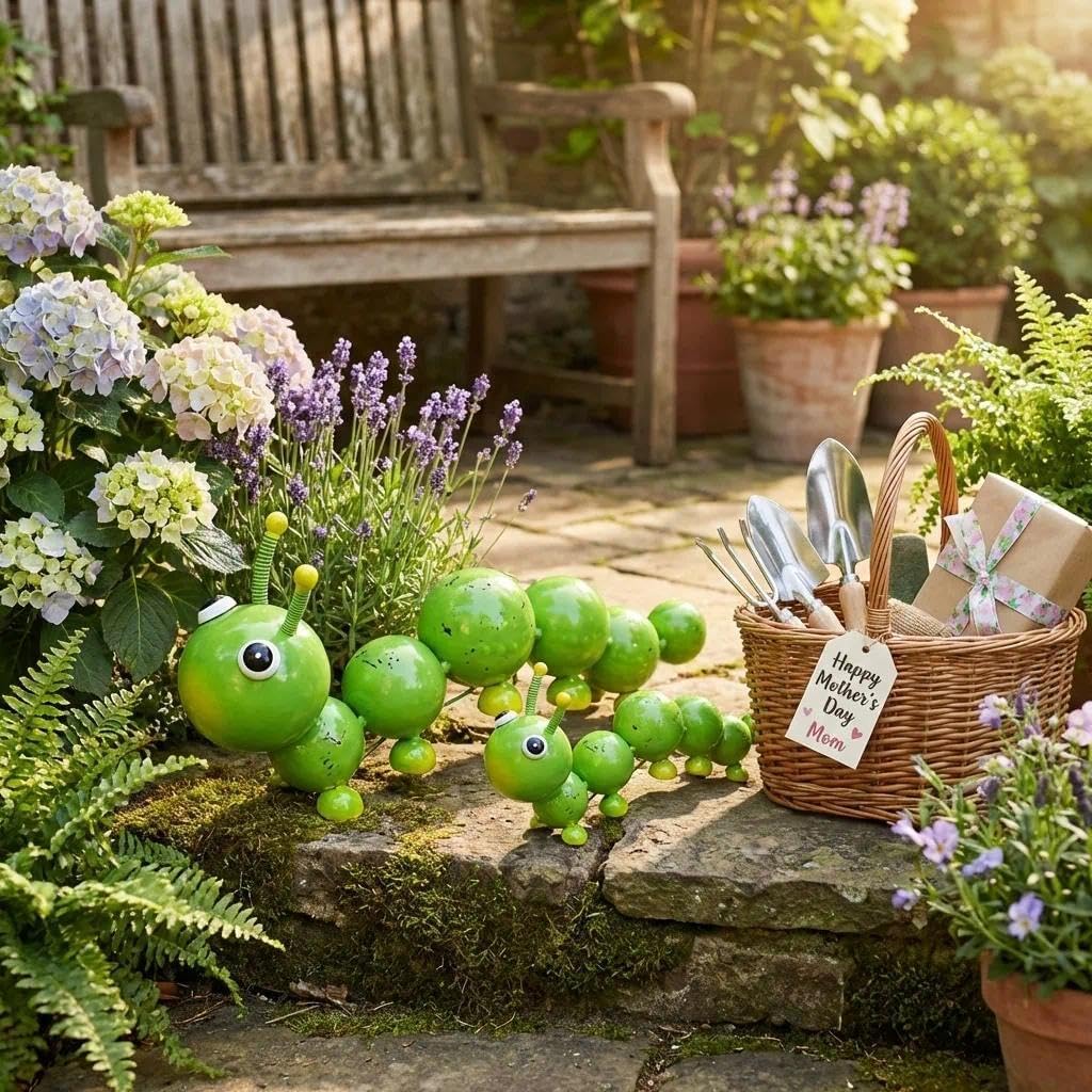 2 Pack Green Metal Caterpillar Garden Statues Outdoor Art, Cute Insect Lawn Ornaments for Backyard Patio Decorations, Funny Animal Yard Decor Gifts for Women Mom