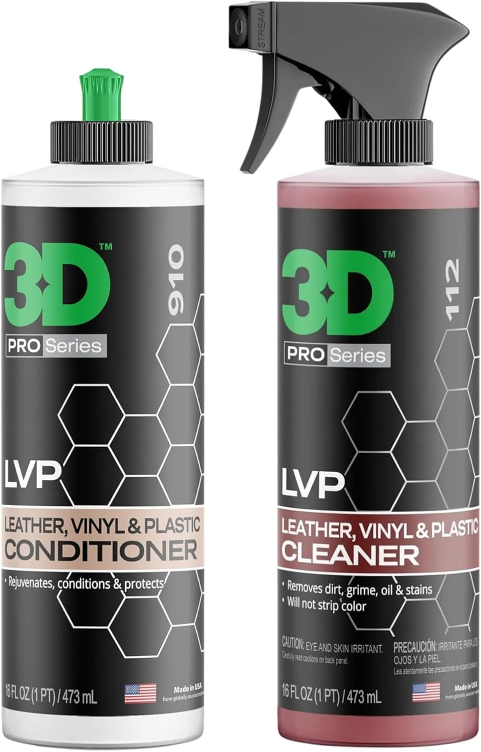 3D LVP Interior Cleaner & Conditioner Bundle - Deep Clean & Protect Leather, Vinyl & Plastic - 16oz Duo