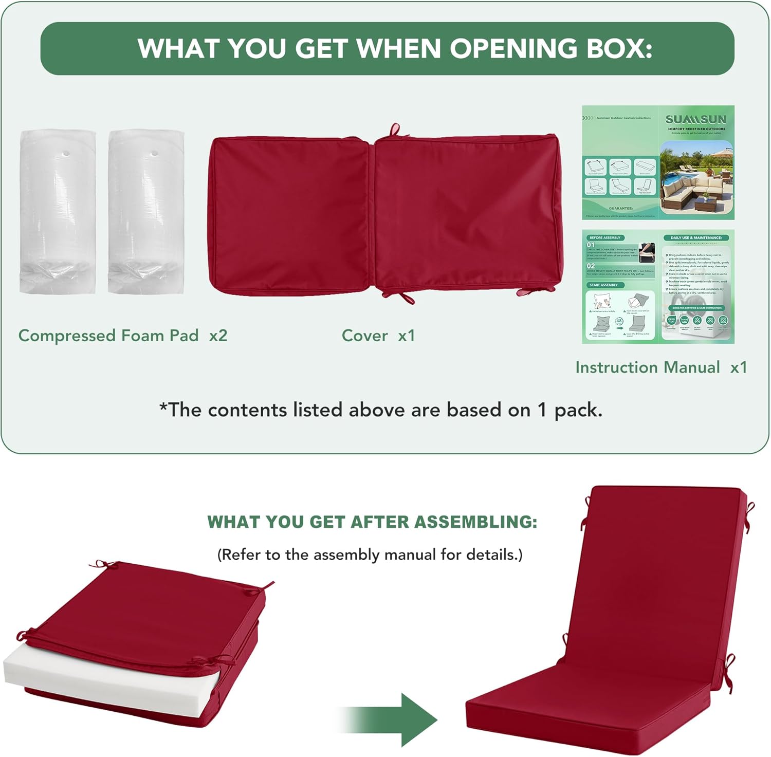 Patio Dining Seat Cushions, High Back Outdoor Chair Cushion with Water Resistant Removable Covers, Ties, Non-Slip Bottom for Garden Lawn Patio Furniture, 44 x 20 Inch, Burgundy