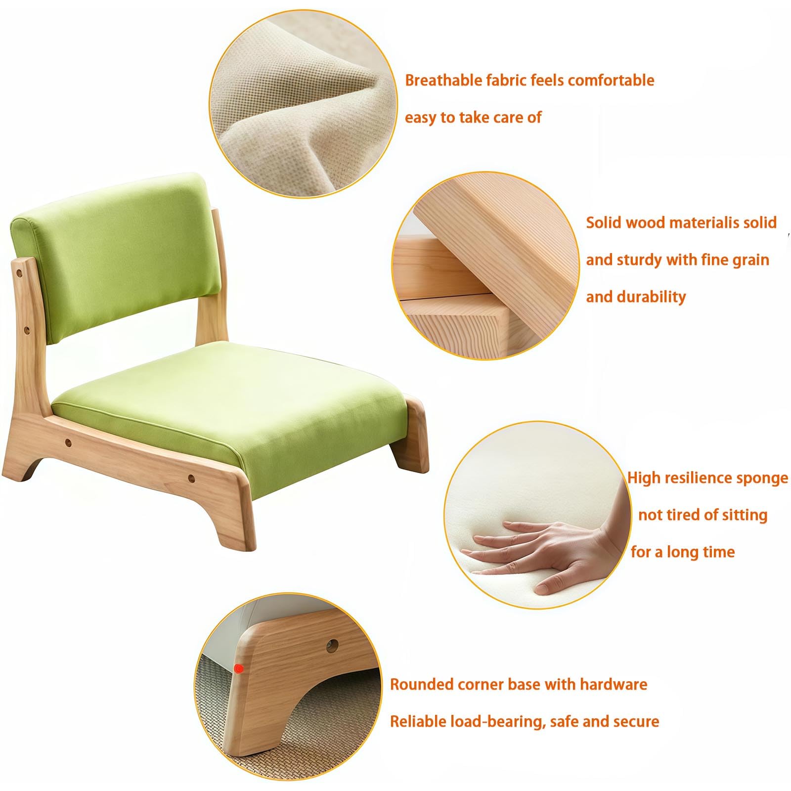 Silla de suelo con soporte para el respaldo, asiento de meditación portátil de madera sin brazos, cojín suave para sala de estar, dormitorio y lectura