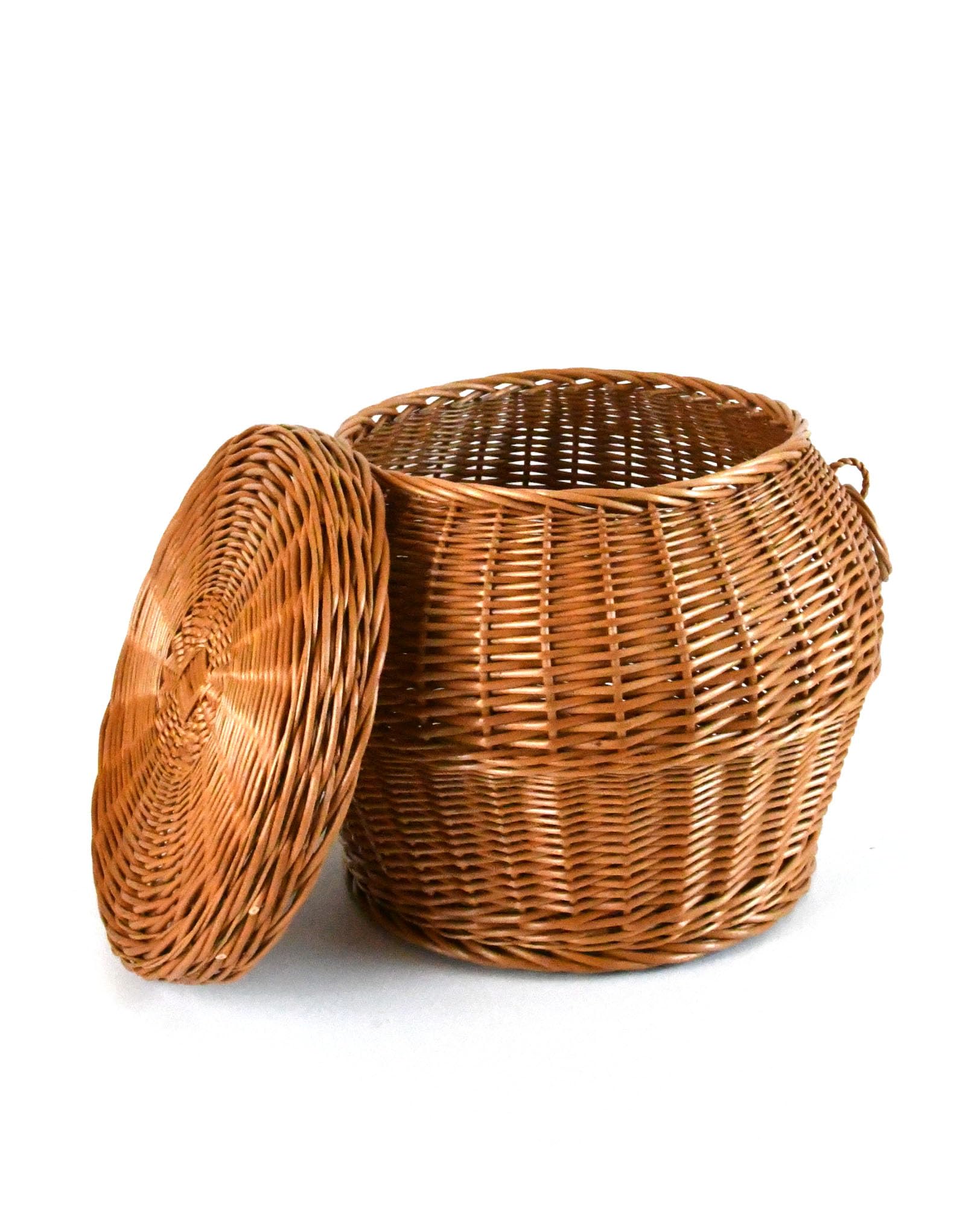 Pouf Hocker aus Weide rund braun mit Stauraum K7-148 | Deckel, Griffe, Wäschebox, Handarbeit