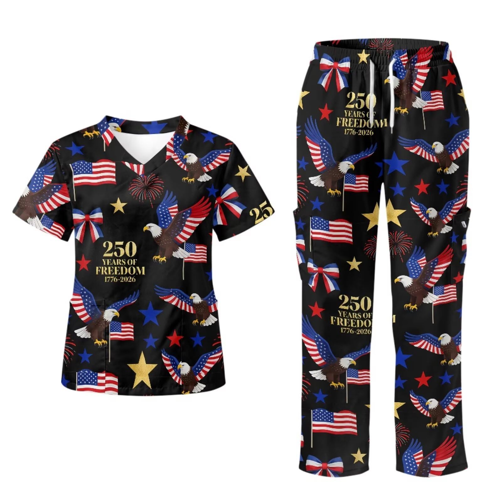 250th Anniversary USA Scrubs Set Women with Tall Scrub Pants Eagle American Flag Scrub Tops for Women Medical Assistant Essentials