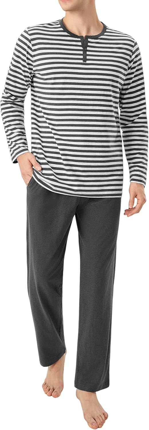 DAVID ARCHY Men's Pajamas Set 100% Combed Cotton Henley Loungewear Relaxed Fit Sleepwear with Pockets