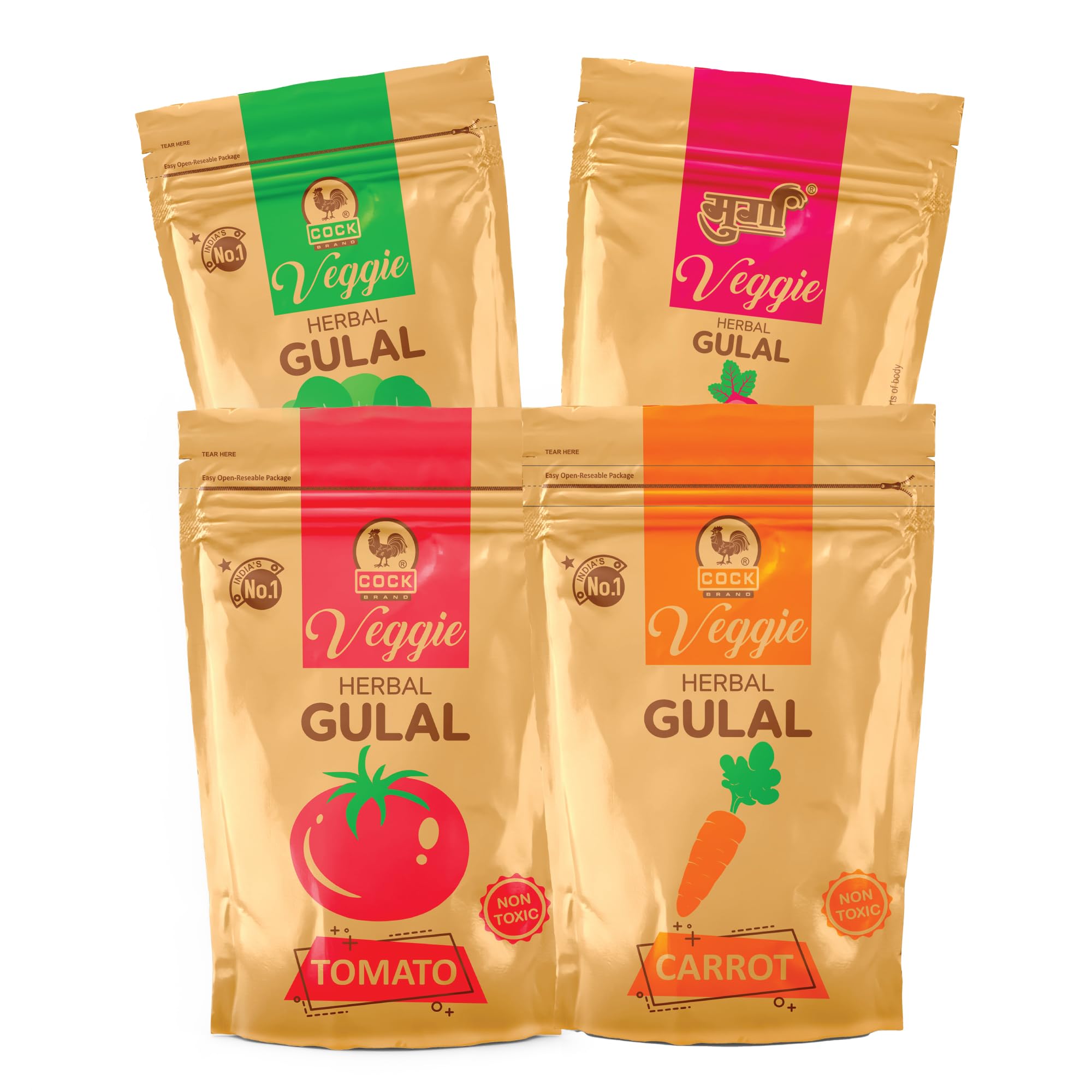 Cock Brand Organic Veggie Gulal – Pack of 4 (280G) | Organic Herbal Gulal for Holi | Non-Toxic, Skin-Friendly Holi Colours | Holi Colour Powder | Perfect for a Safe and Fun Holi Celebration