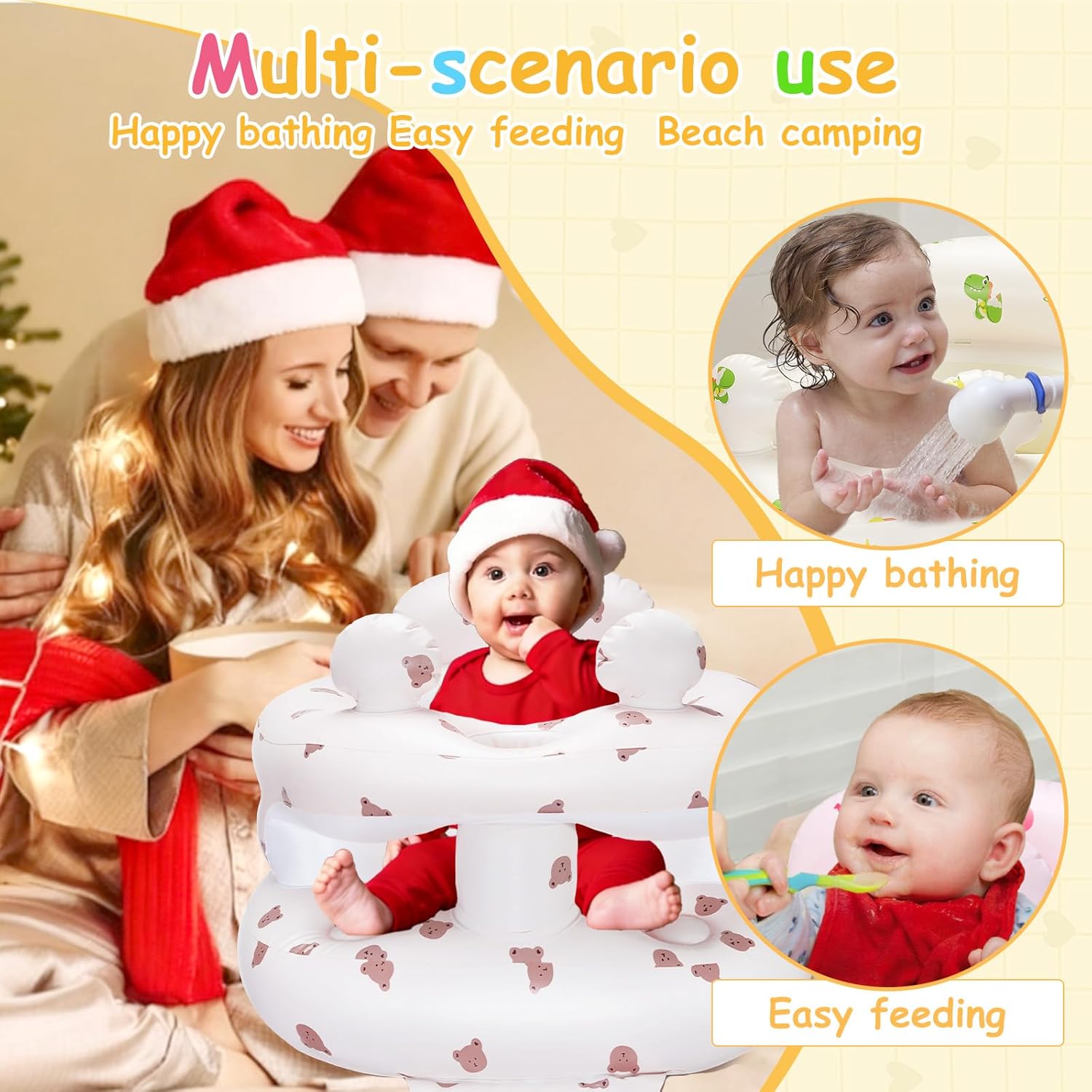 Inflatable Baby Seat for Babies 3-36 Months，[Squeaky Sound & Anti-Fall Design] Inflatable Chair with Sound-Making Ears, Baby Seat for Sitting-Up Practice, Built-in Air Pump (Ear Bear)