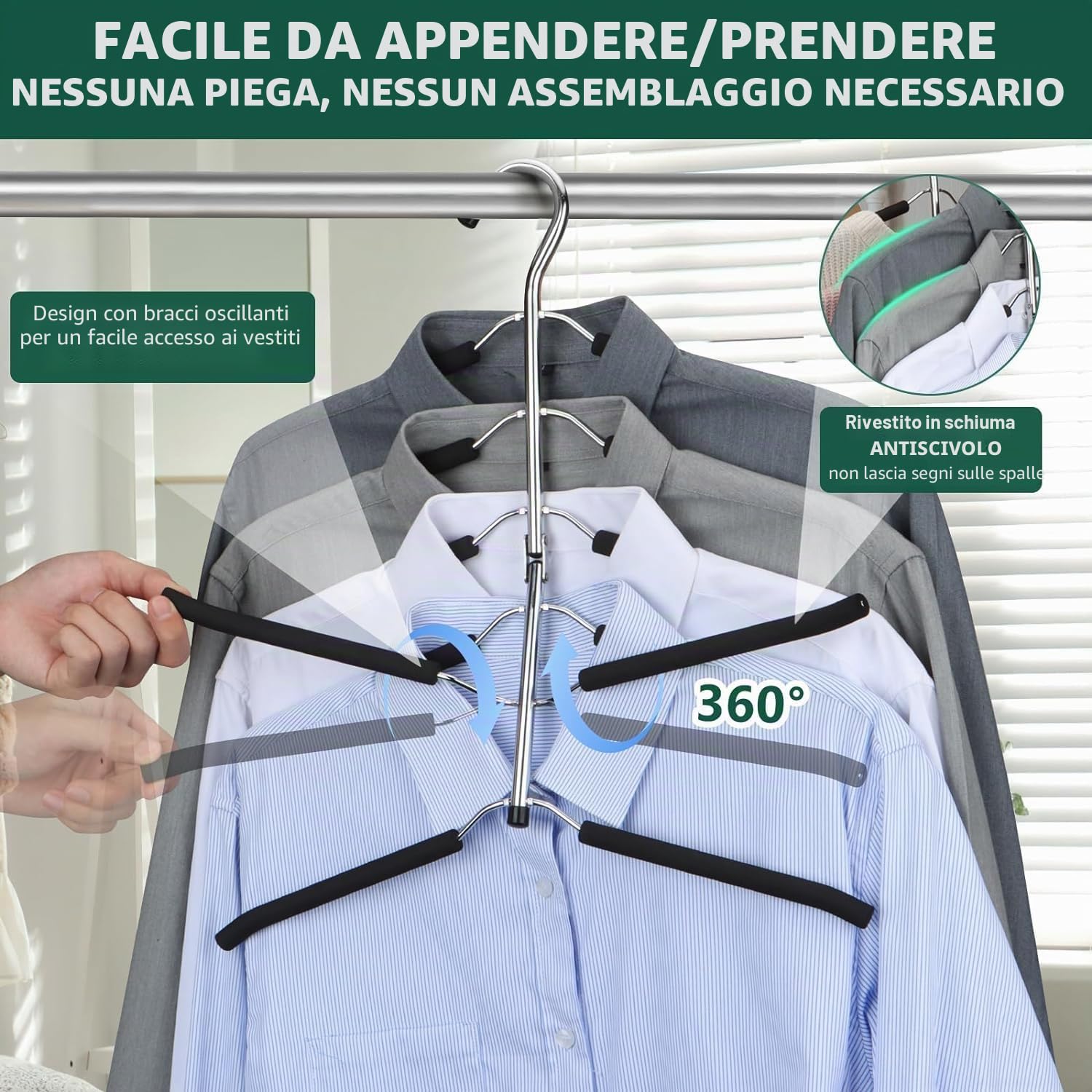 ZriEy Gruccia salvaspazio a 6 livelli, pieghevole, antiscivolo, con imbottitura in gommapiuma, gancio in metallo, organizer e conservazione, confezione da 2