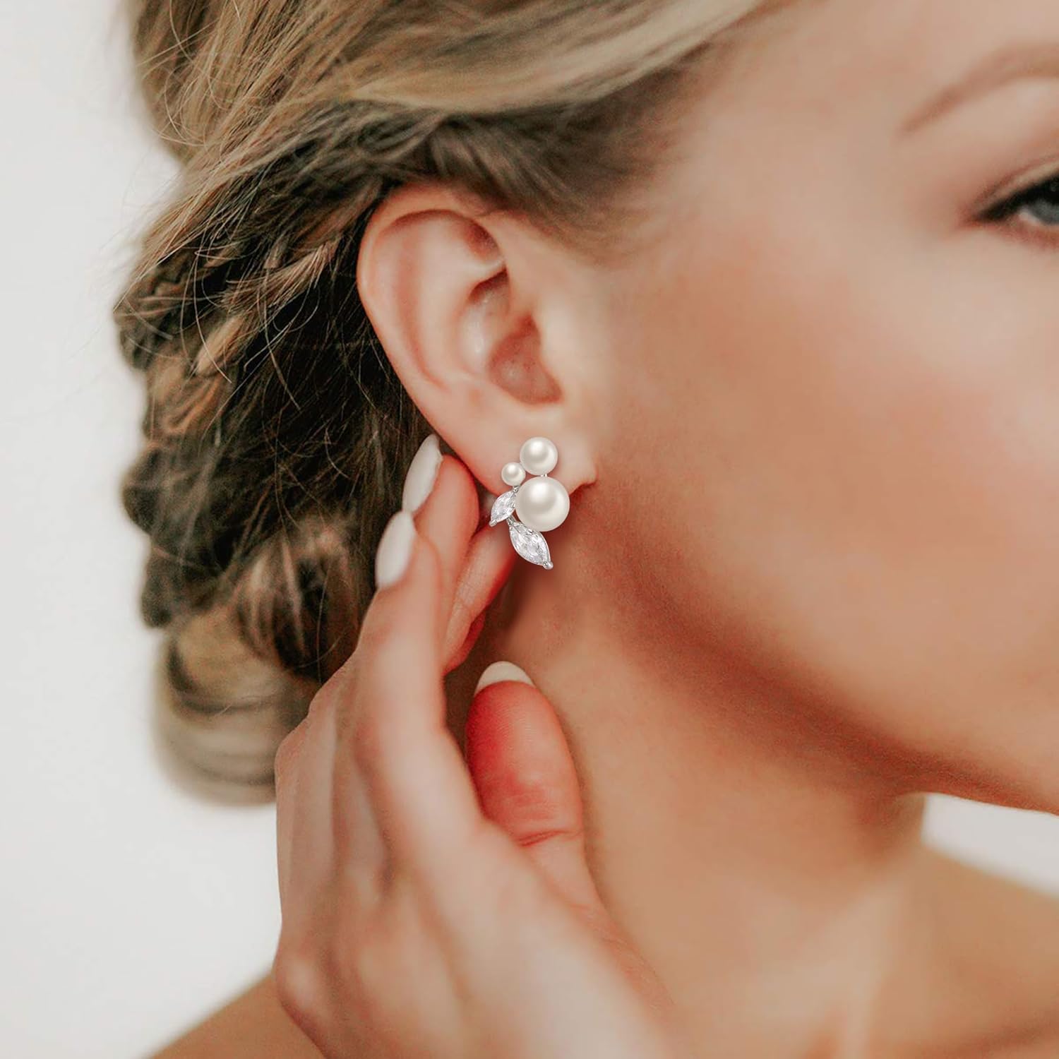 Crysdue Simulated Pearl Earring for Brides Bridesmaid, Cubic Zirconia Fashion Floral Stud Earrings for Wedding Prom Pageant - Image 2