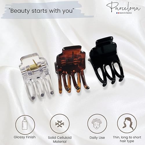 Miniatura 2 de Parcelona Pinzas para el pelo de la mandíbula del acetato de celuloide transparente de la mini tortuga marrón negro francés