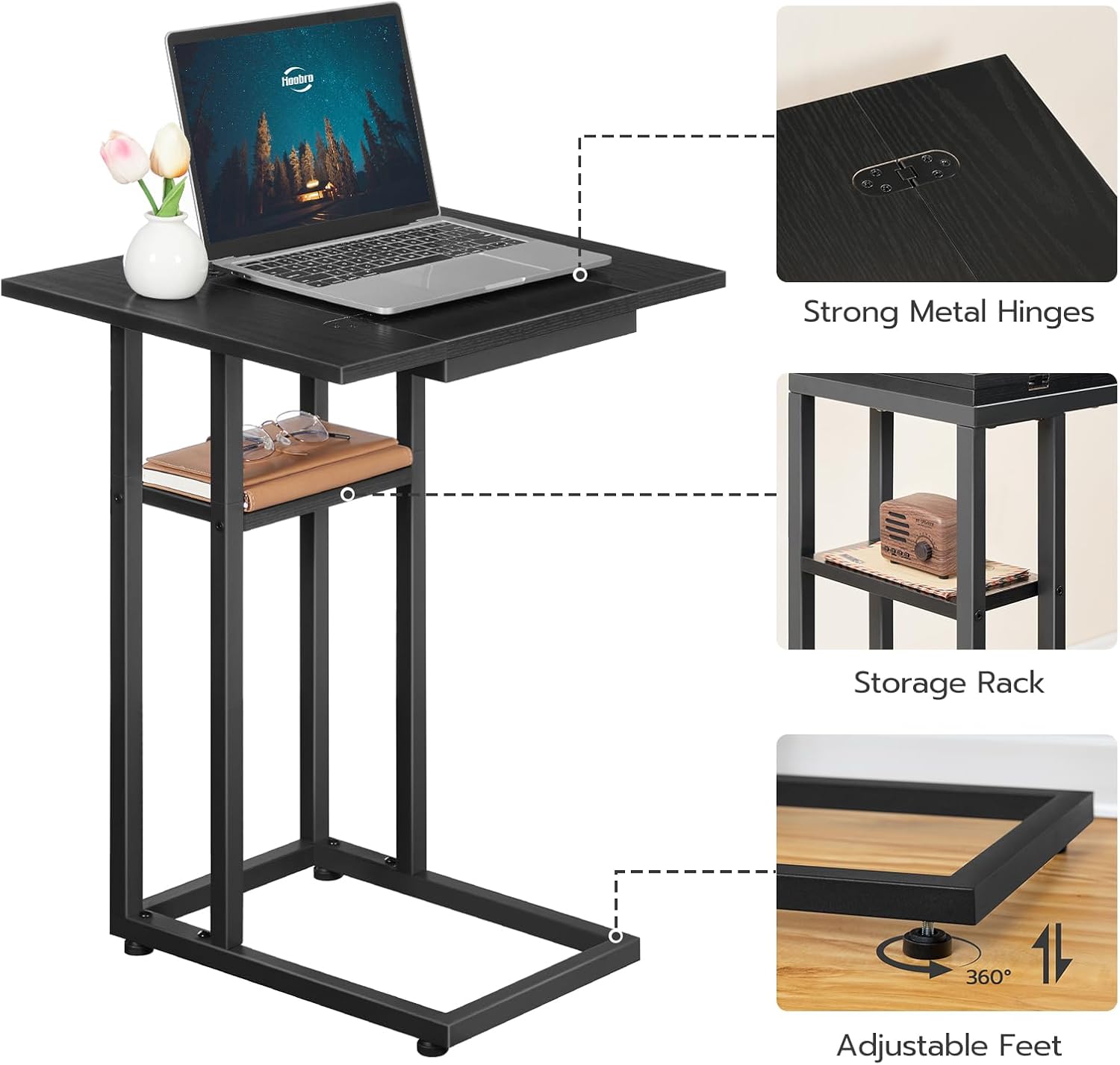 HOOBRO Foldable End Table, C Shaped Side Table with Storage Shelf, Small Snack Table Suitable for Living Room Bedroom Small Spaces, Easy Assembly, Black BK29SF01