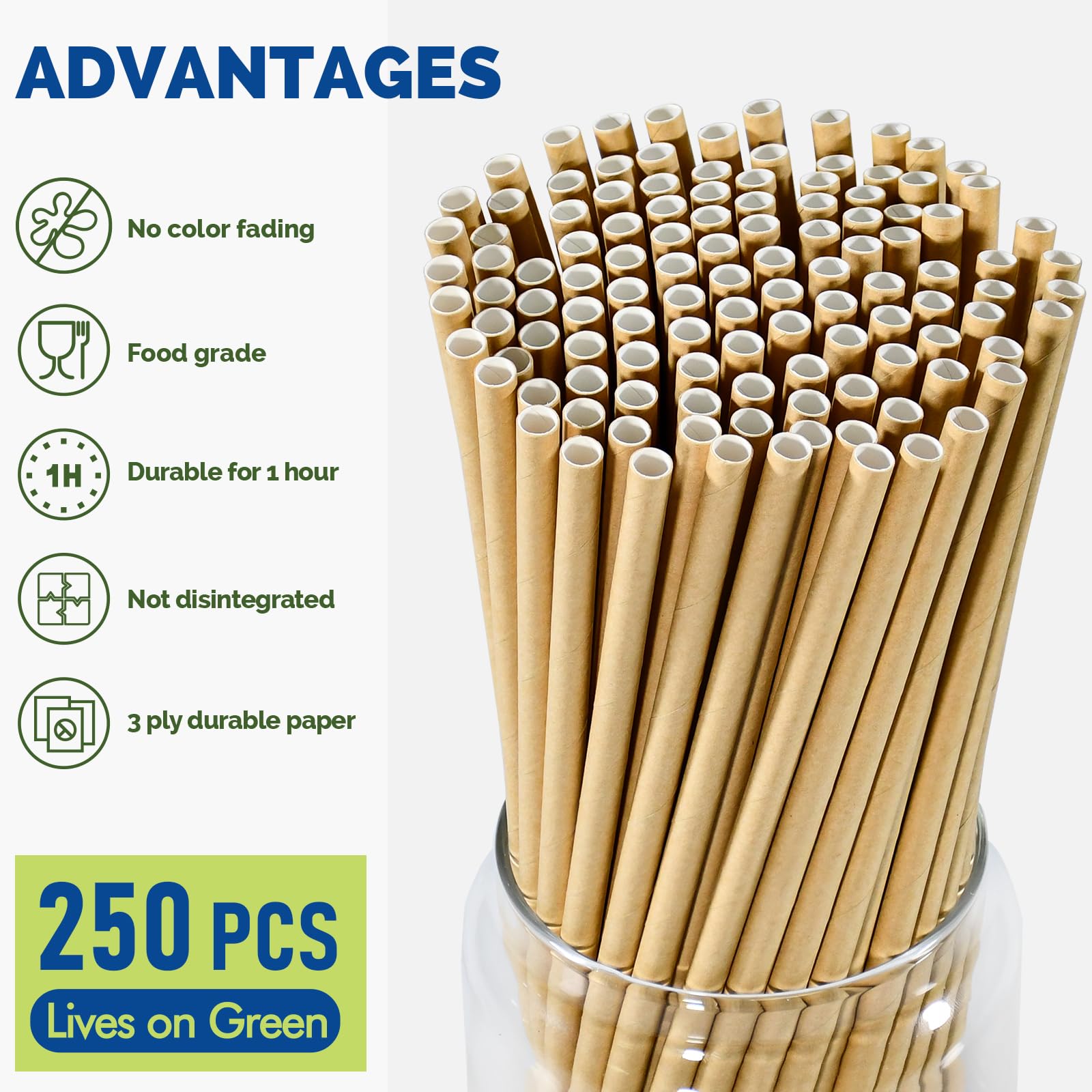Lives on Green Brown Kraft Paper Straws, 19,7 x 0,6cm, for Milk Juice, Tea, Hot or Cold Drinks - 100% Biodegradable, 250 Counts - Image 3