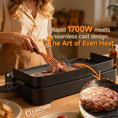 Miniatura 5 de Cleansnap Everyday - Parrilla eléctrica antiadherente de 20 pulgadas con escudo plegable antiensuciamiento, calentamiento rápido de 1700 W,