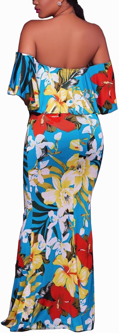 Suimiki Vintage Ruffle Plain Floral Printed Off Shoulder Bodycon Long Party Maxi Dress Blue Small - Image 2