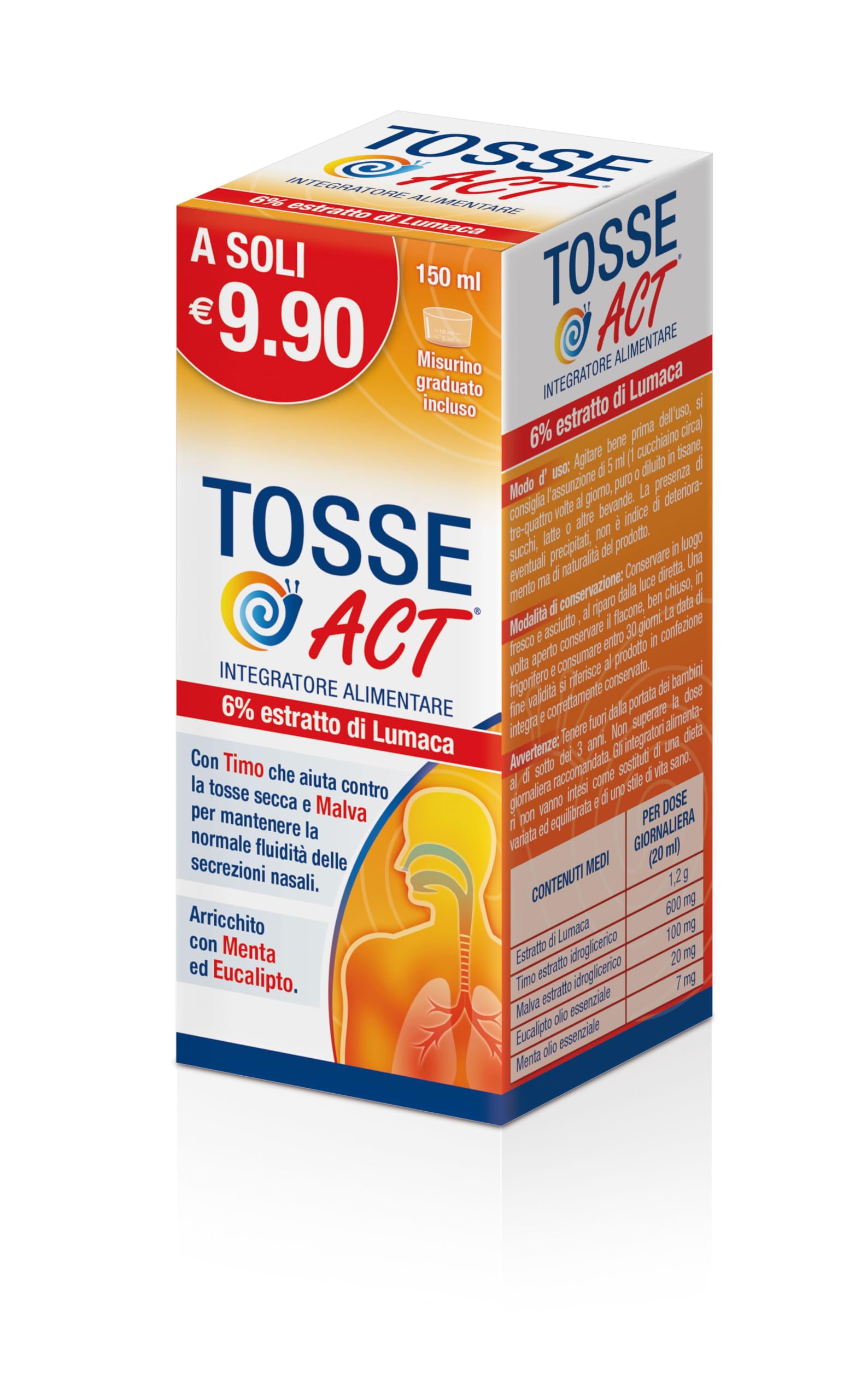 Tosse Act Sciroppo, Integratore Alimentare Liquido con 6% Estratto di Lumaca, 1 Confezione da 150 ml