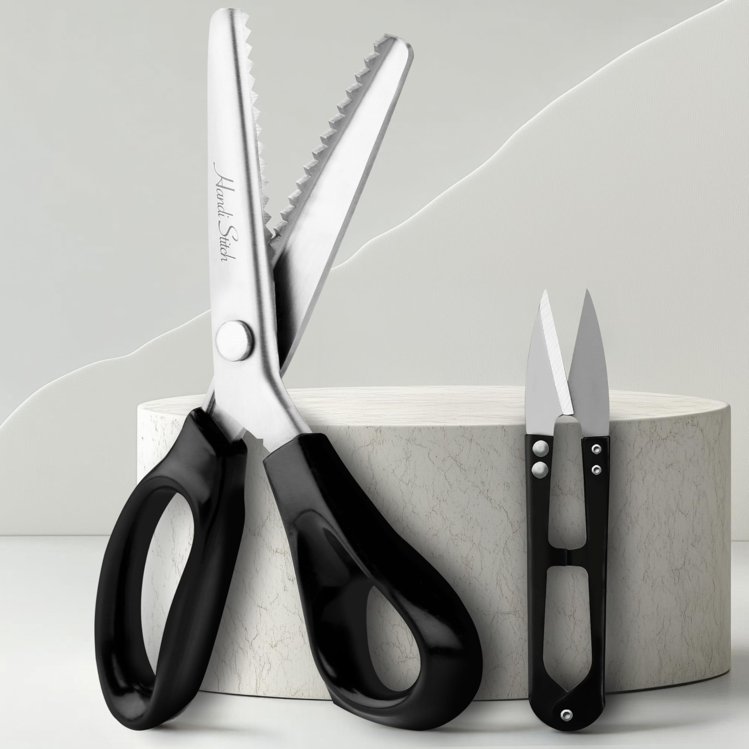 Pinking Shears with Snippers - 9 inch/22.86cm Overall Length - Black Handle Zigzag Fabric Scissors - Razor Sharp Stainless Steel Dressmaking Scissor for Sewing, Tailoring, Paper, Crafts