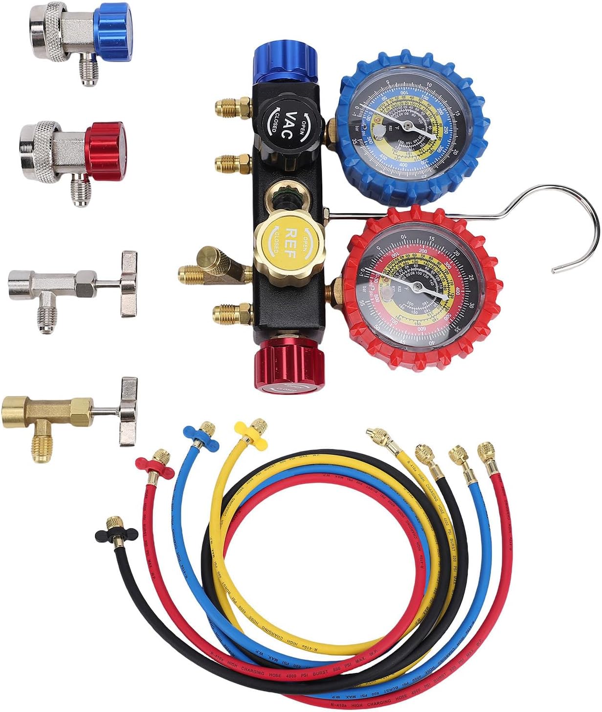 AC Manifold Set, Automotive Air Conditioning Diagnostic Tool for R410A R32 R134A R22, with 5FT Hose Safety Valve Flow Meter Brass Construction 0500 PSI Blue 0800 PSI Red