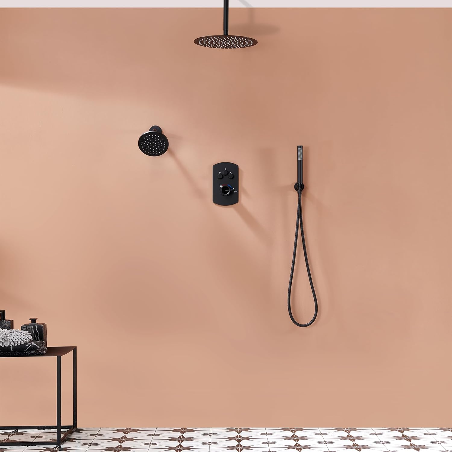 MONDAWE 12 Inch Ceiling Mounted Black Shower System, Dual Rainfall Shower Head & High Pressure Handheld Spray Combo, 3-Function Luxury Shower Faucet Set for Bathroom, All Functions Work Simultaneously