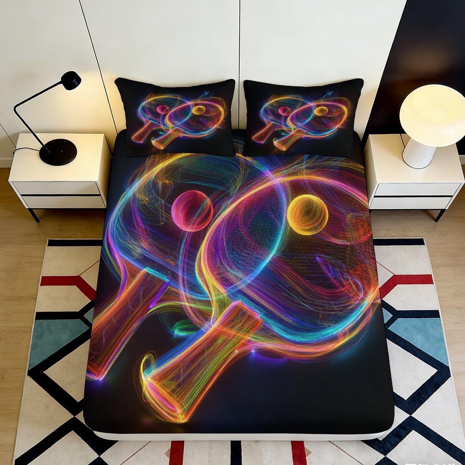3D Printed Neon Table Tennis Fitted Sheet Microfiber Soft Anti-Slip Glow Paddle Bed Cover for Bedroom Dorm Decor 90x200x25cm