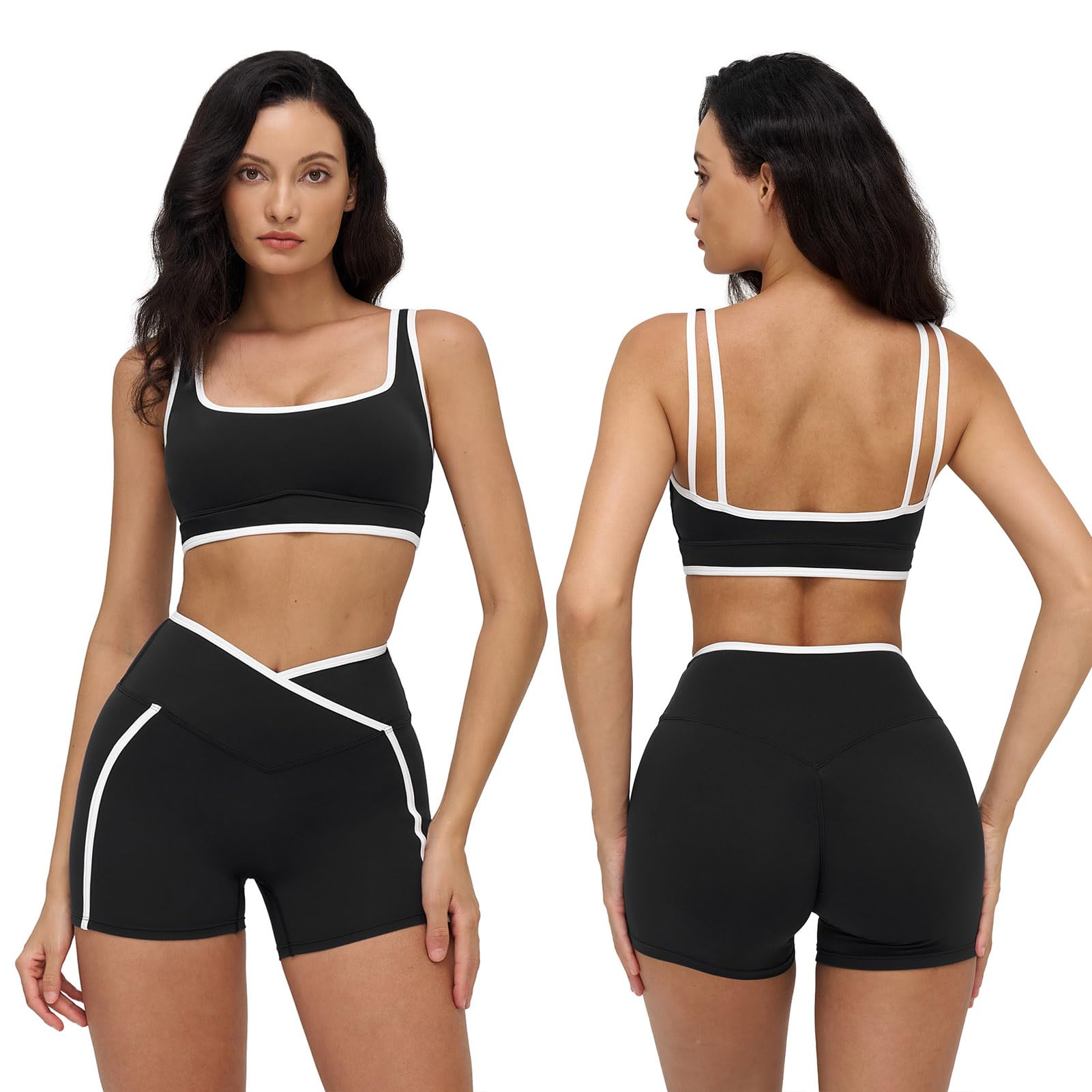 Set da yoga da donna, set sportivo per fitness, a vita alta, incrociato, push up, modellante, 2 pezzi, con reggiseno sexy sulla schiena e pantaloncini per yoga, palestra, allenamento