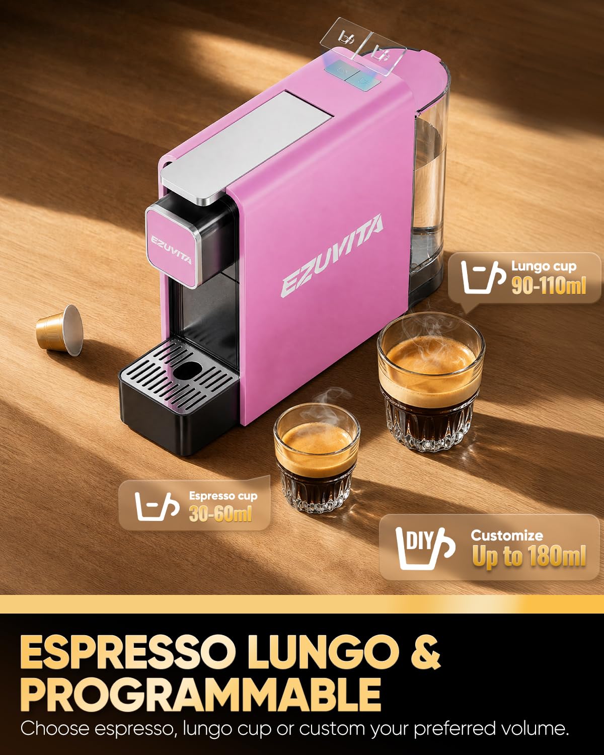 1200W Mini Kapselmaschine für Nespresso Original Kapseln, Rosa