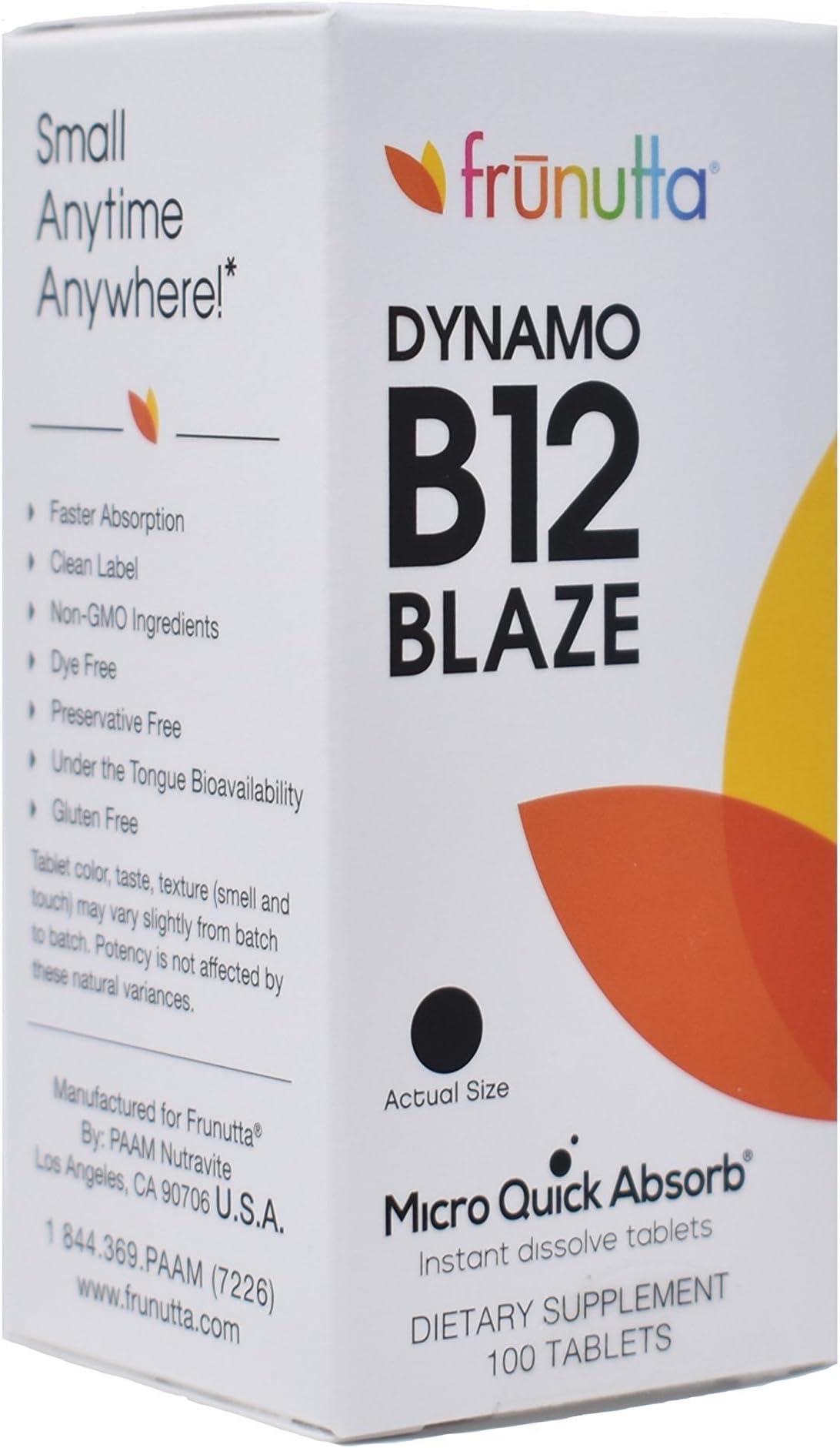 Frunutta Dynamo B12 Blaze Under The Tongue Instant Dissolve Tablets - Cyanocobalamin 1000 mcg/Niacin 1 mg x 100 Tablets - for Energy and Metabolic Health - Dietary Supplement - Non-GMO Gluten Free