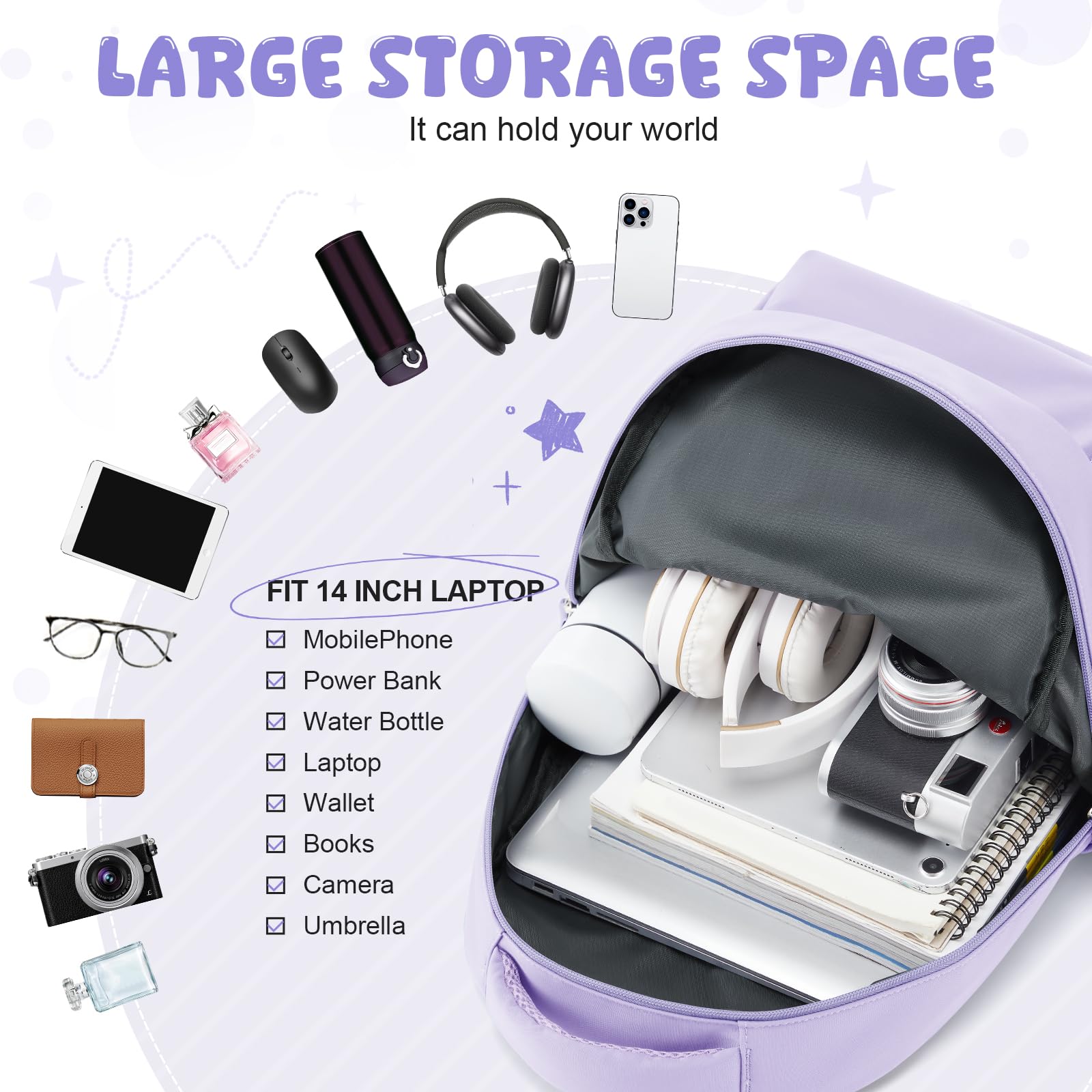 HYC00 Zaino Scuola Superiore Media ragazza Zaini Scolastici zainetto Casual Daypack Backpack Unisex Zaino Università Donna Per PC Portatile 14 Pollici Laptop Bag per Viaggio Lavoro Scuola Affari