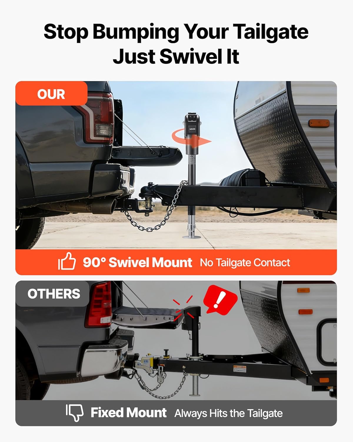 Comparison showing how the 90-degree swivel mount of the VEVOR jack prevents tailgate contact.
