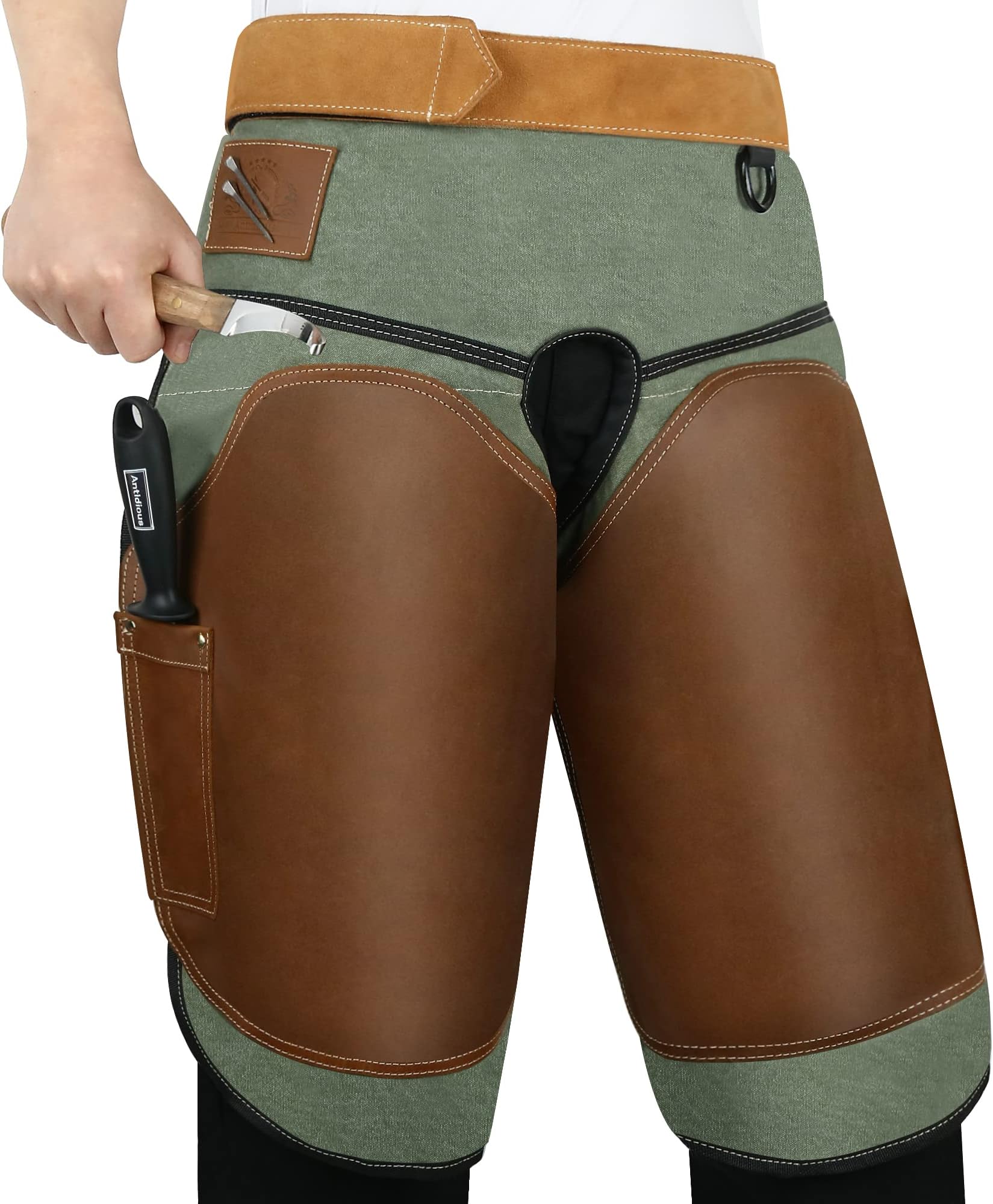 Antidious Professional Farrier Chaps Leather Farrier Apron with Adjustable Belt and Knees Straps Hoof Trimming, 2 Pockets and Extra Hook for Storage, Suitable for 28’’~55’’ Waistline