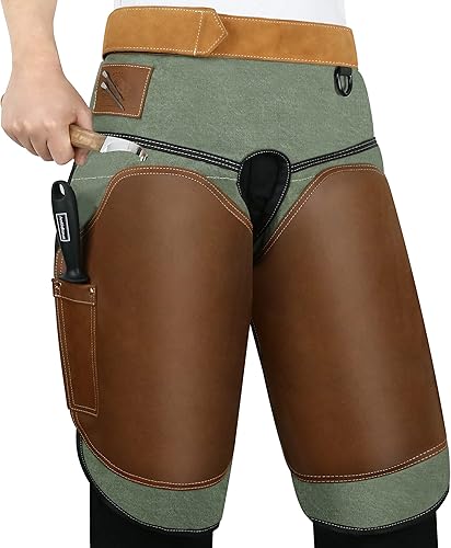 Antidious Delantal profesional Farrier Chaps de cuero con cinturón ajustable y correas para las rodillas 2 bolsillos y gancho adicional para