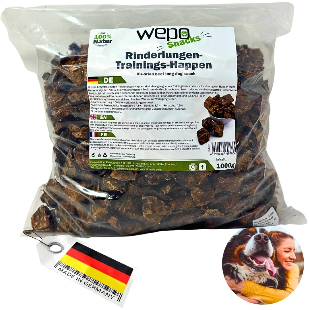 WEPO Golosinas para perros – 1 kg de pulmón de vacuno seco – aperitivos saludables – Dog Treats – Saludable y fabricado en el Reino Unido – Suministra proteínas, vitaminas y