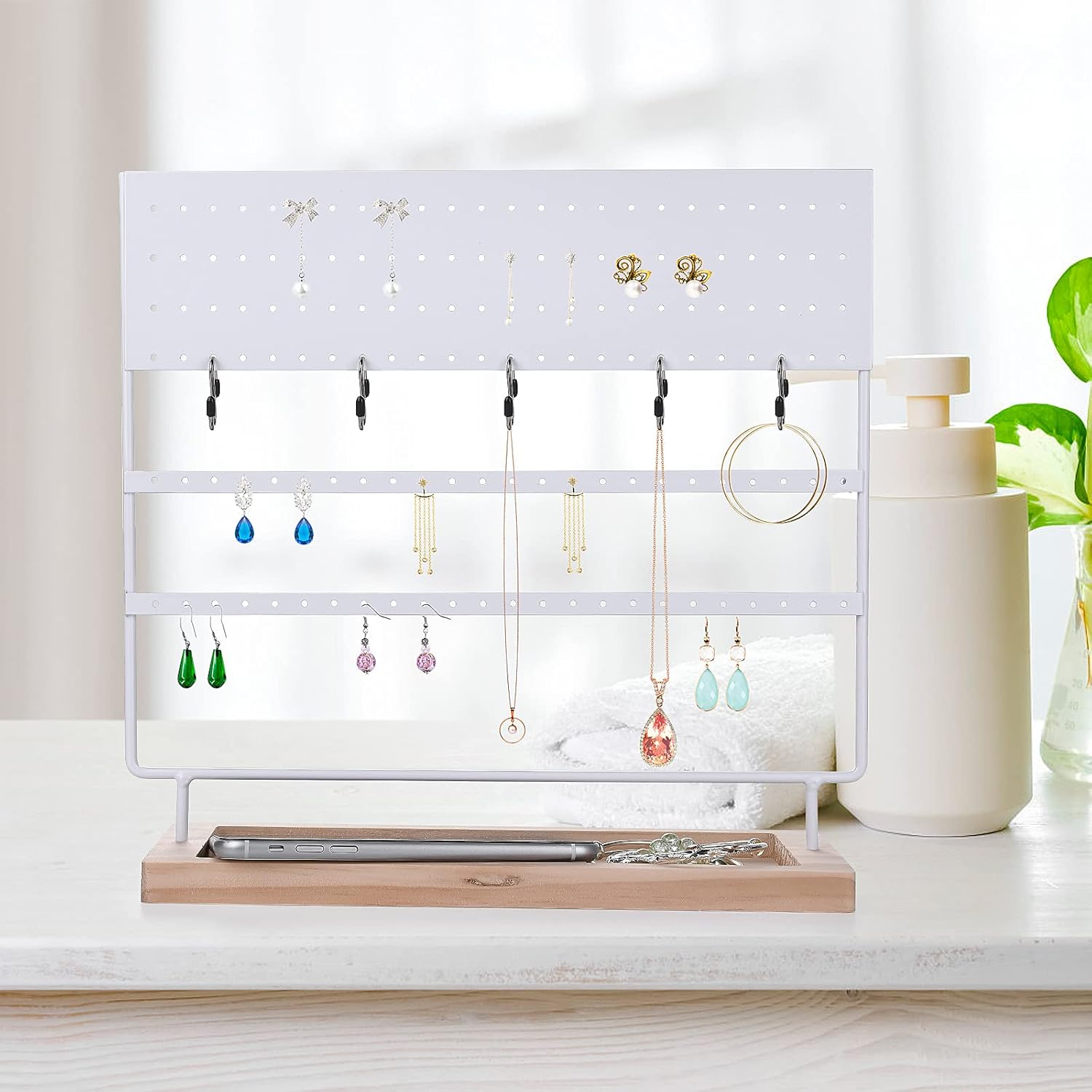 VERGILIUS Earring Holder Organizer Jewelry Display Stands Update Earring Organizer Stand Jewelry Holder Organizer, Earring & Necklace Jewelry Towel Organizer Display Tree (White, 144holes) …