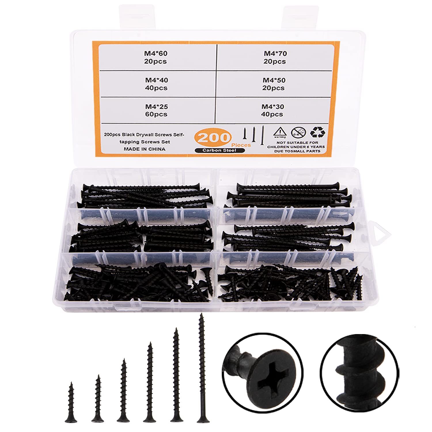 Rrina 200Pcs M4 Coarse Thread Drywall Screw Phillips Bugle Head Tapping Wood Screws Assortment Set for Drywall Sheetrock Machine Furniture Wood Cabinet,6 Sizes