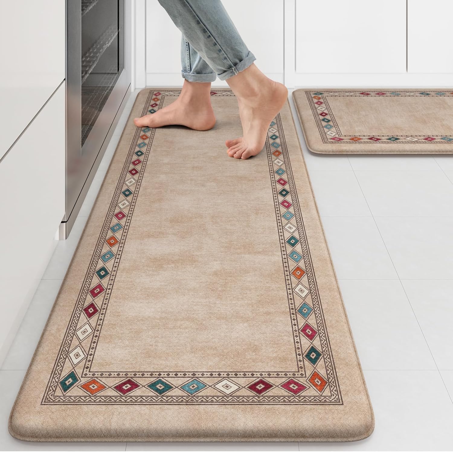 DIYAM Kitchen Rug Set of 2, Anti Fatigue Cushioned Mats, Beige, Non-Slip PVC, 38x58 cm and 38x118 cm, Boho Diamond Border-image-10