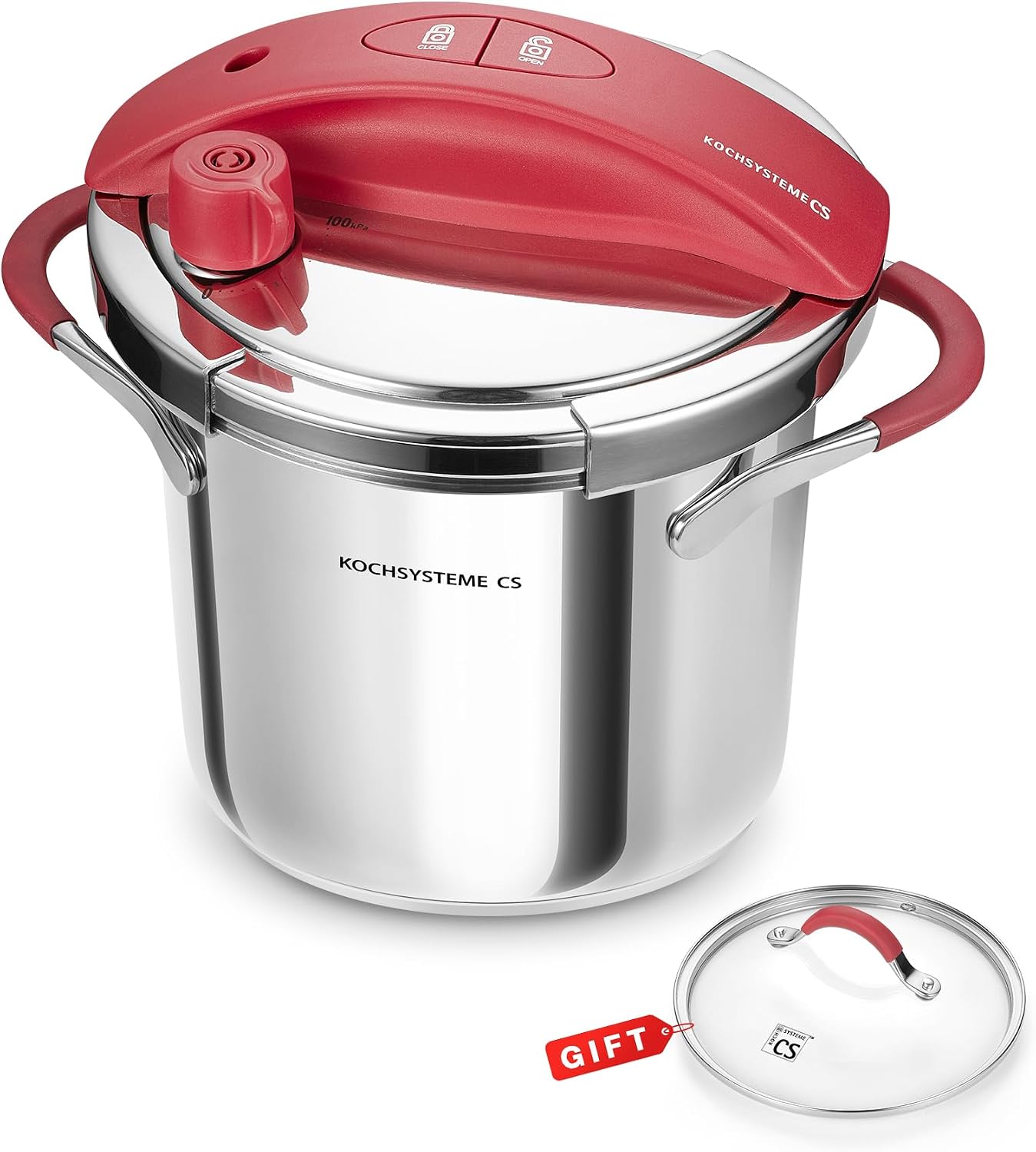 KOCH SYSTEME CS Pressure Cooker Stainless Steel 6 Litre, 2-in-1 Stainless Steel Pressure Cooker, One-Hand Locking, 3 PSI Settings, Induction Compatible, Includes Glass Lid