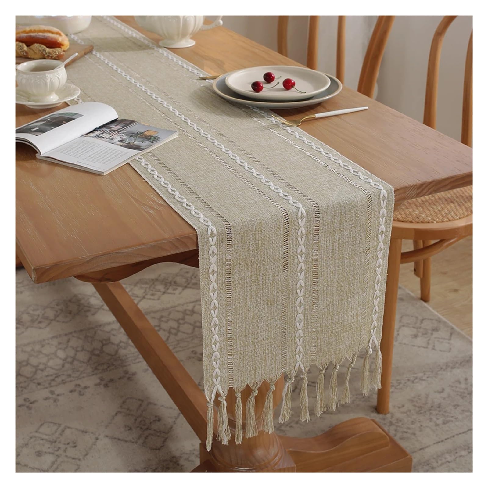 Runner da tavola con frange Runner da tavolo rustico con nappe, runner ricamati in cotone e lino for decorazioni pranzo, feste di nozze(Taupe,33x228cm With Tassel)