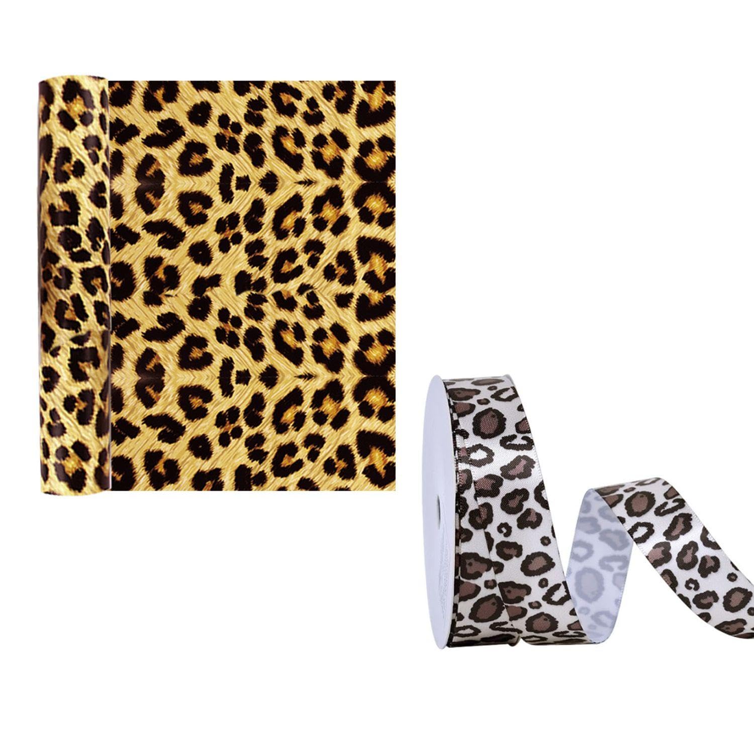 1 Roll (9M) Of Leopard Print Ribbon, 1 Piece Of Leopard Print Wrapping Paper, Gift Box Wrapping Ribbon