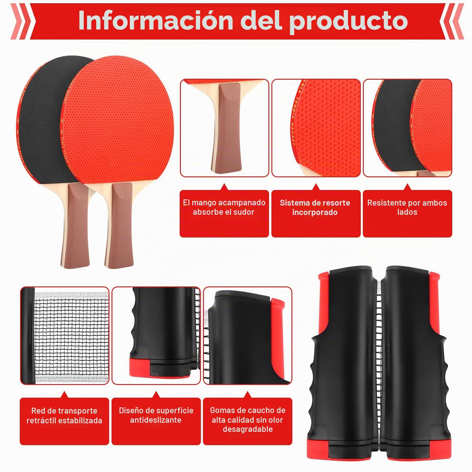 Juego de raquetas de tenis de mesa, juego de tenis de mesa profesional, red de tenis de mesa con red para niños 2 raquetas de tenis de mesa + red retráctil, 3 pelotas de ping-pong, 1 * bolsa de malla