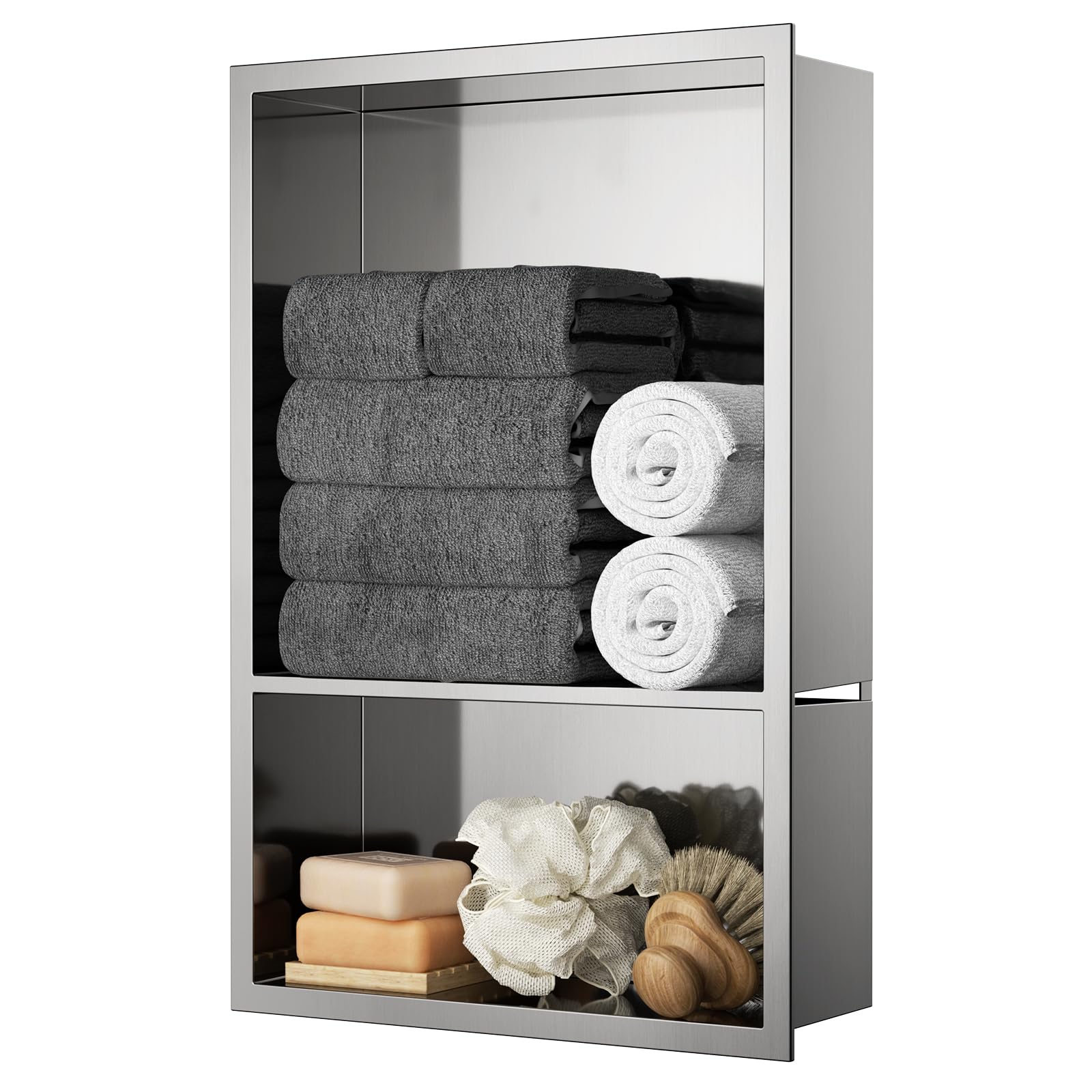 KEOKBON Stainless Steel Shower Niche Wall Insert, No Need Tiles, Embedded Wall Niche 30x30x10cm, 15x30x10cm, Shower Niche Double Shelf Storage for Bathroom, Nano Silver