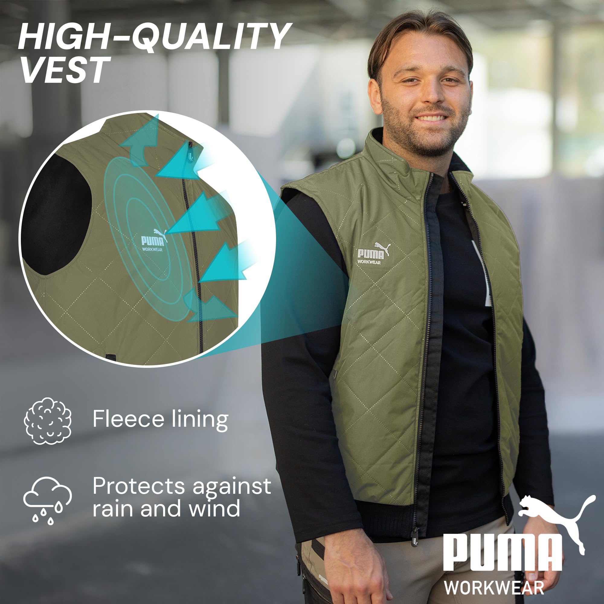 PUMA Workwear - Chaleco de invierno para hombre, forro cálido, resistente al agua y al viento, chaleco de trabajo con bolsillos y forro polar, bolsillo interior, material exterior robusto para trabajo