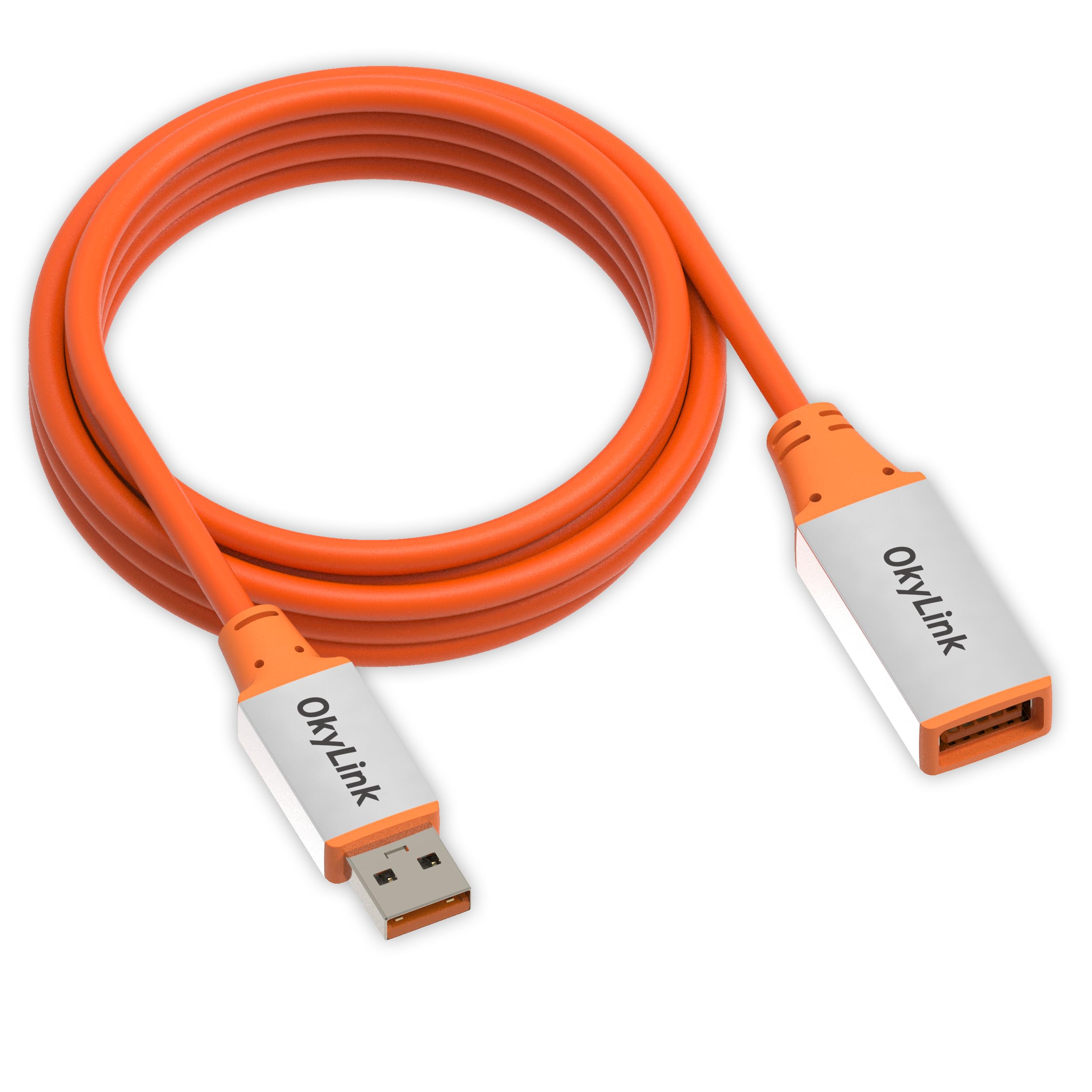 OkyLink 3M Aktywny kabel przedłużający USB 3.2 Gen 2 z wbudowanym wzmacniaczem sygnału – 10 Gbps, pomarańczowy kabel i biała obudowa aluminiowa