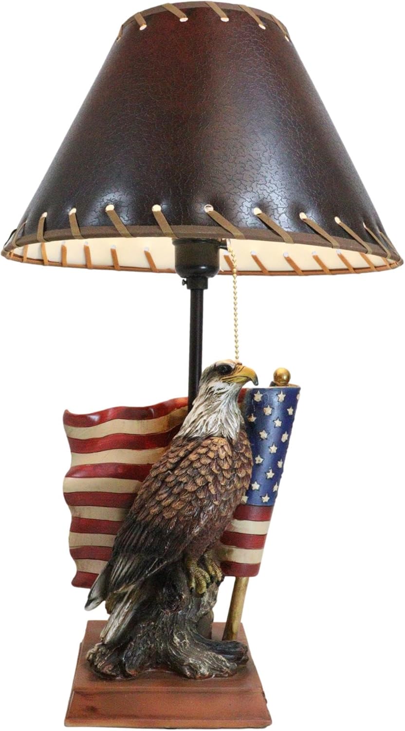 Ebros Gift Rustic Patriotic American Emblem Bald Eagle with Star Spangled Banner Flag Memorial Desktop Side Table Lamp with Brown Faux Leather Laced Shade Land of The Brave and Free