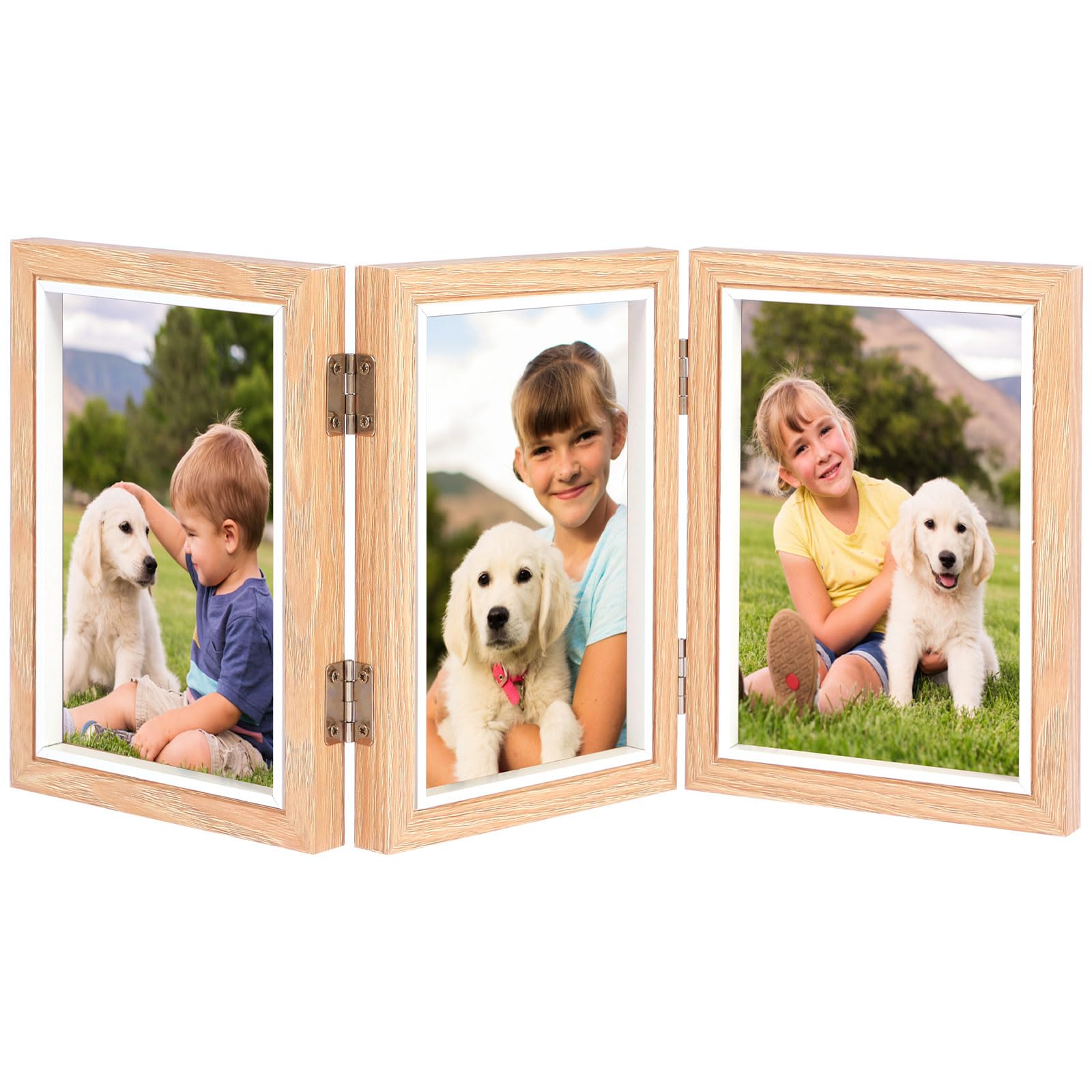 Triple Photo Frame 4x6 Hinged Folding Wood Picture Frame with High Definition Glass Front Stand Vertical on Desktop for Display (Triple (wood color))