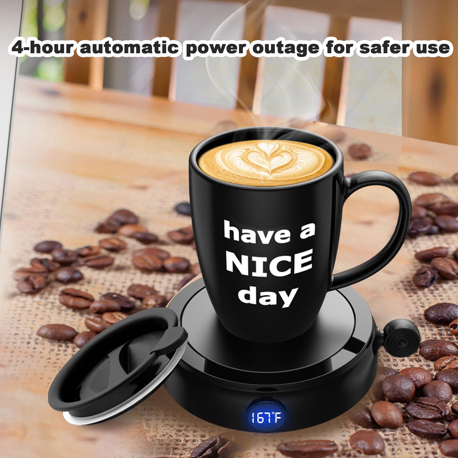 Calentador de tazas con taza, calentador de tazas de café con apagado automático, calentador de tazas de café inteligente con 4 ajustes de temperatura, visualización LCD, calentador de café para