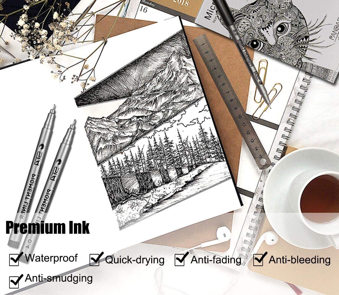 GXR Plumas de Línea Fina, 9 Diferentes Grosores Negro Rotuladores de Punta Fina para Bullet Journal Sketching Dibujo Dibujo Oficina Documentos Cómic Manga Scrapbooking y Uso Escolar (0.05-0.8mm)