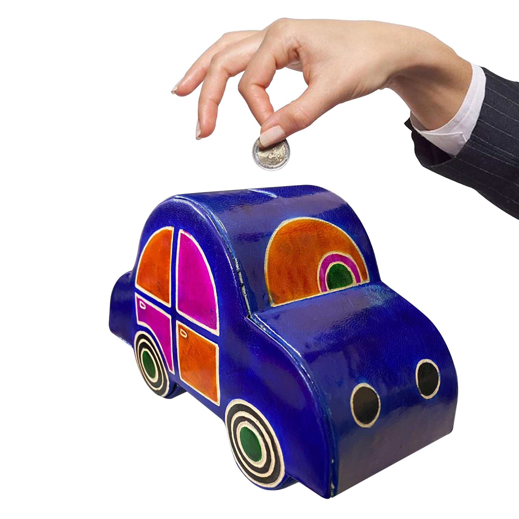 Balona Handmade Genuine Leather Saving Coin Box Gullak Money Piggy Bank for Kids/Adults/Boys/Girls/Men/Women (Car Blue)