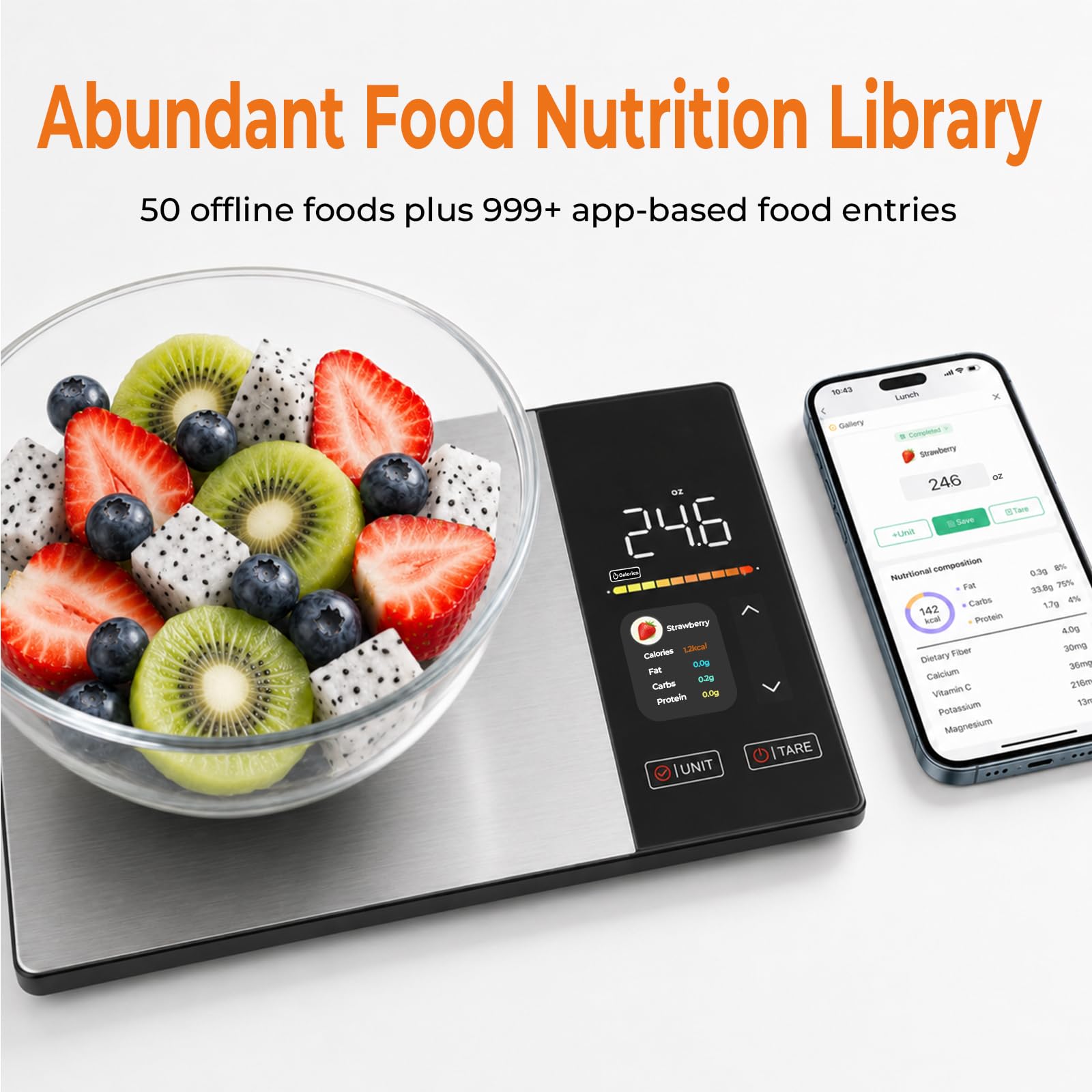 Smart Nutrition Lebensmittelwaage mit LED-Anzeige, verfolgt Kalorien, Fett, Kohlenhydrate und Protein per App, 1 g digitale Präzisions-Küchenwaage für gesunde Ernährung & Mahlzeitenzubereitung